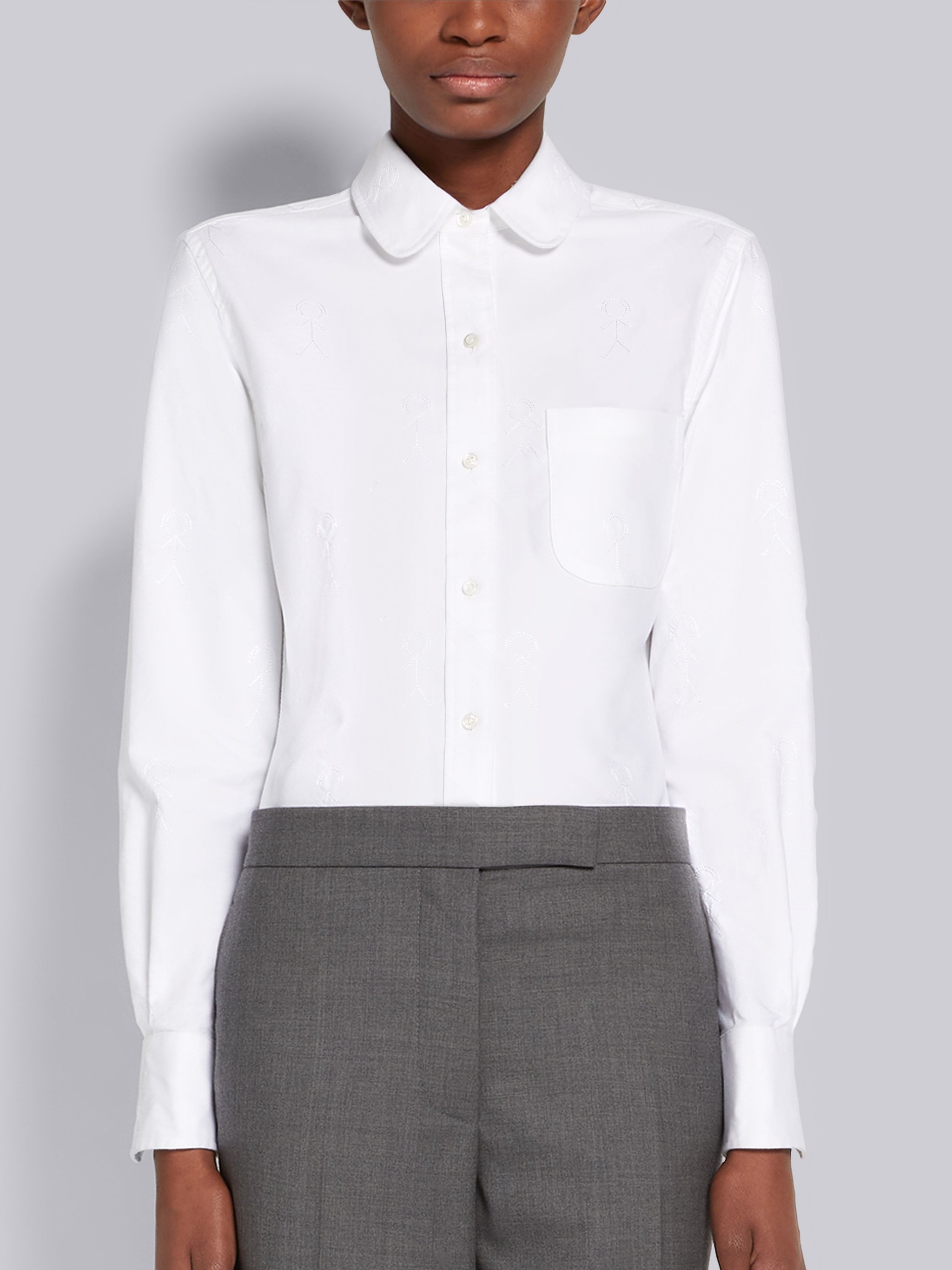 White Oxford Tonal Mrs. Thom Icon Satin Stitch Half Drop Embroidery Classic Round Collar Shirt - 1