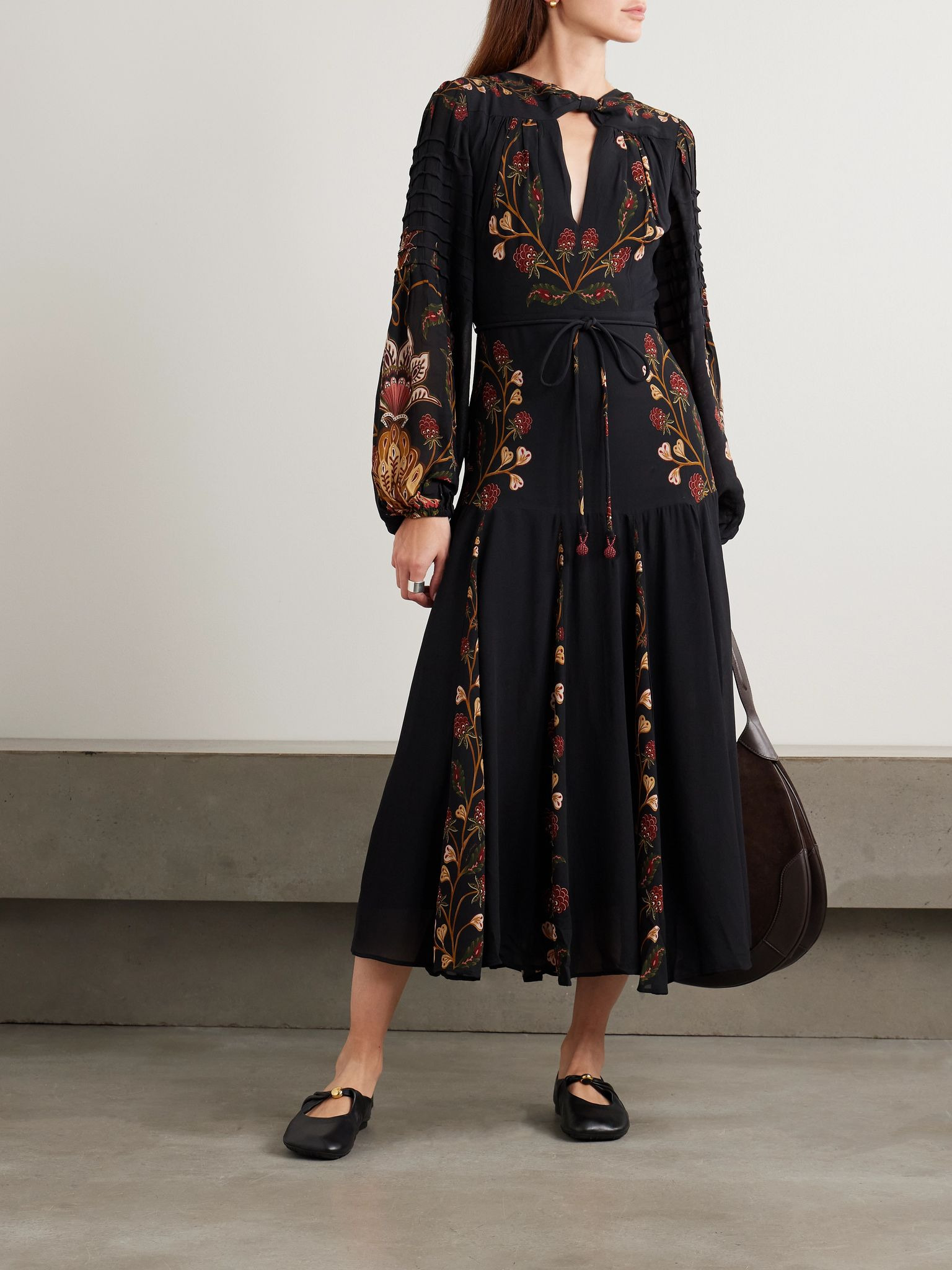 Berry Garden belted floral-print crepe de chine midi dress Black - 2