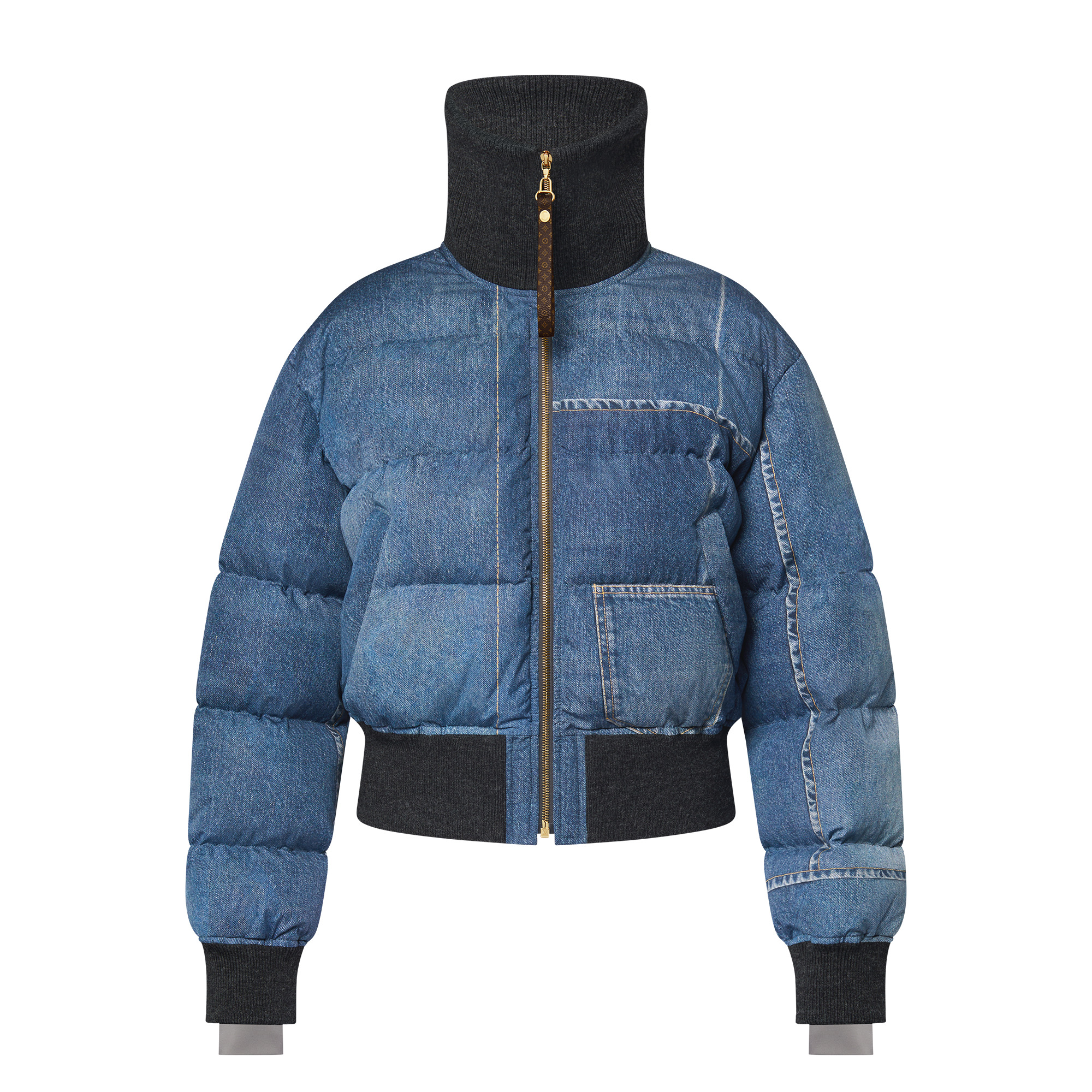 Denim Print Cropped Puffer Jacket - 1