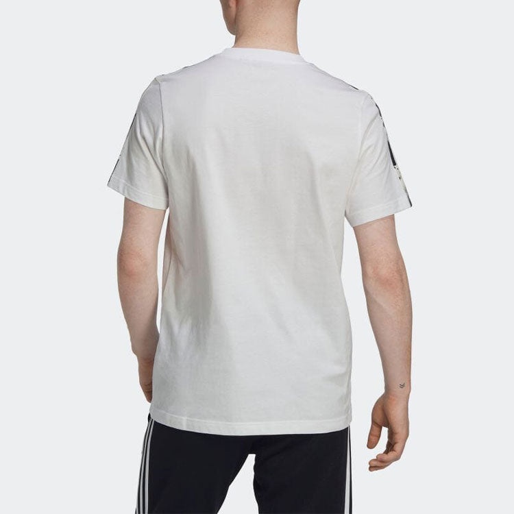 Men's adidas Logo Embroidered Stripe Round Neck Sports Short Sleeve White T-Shirt HK2798 - 3