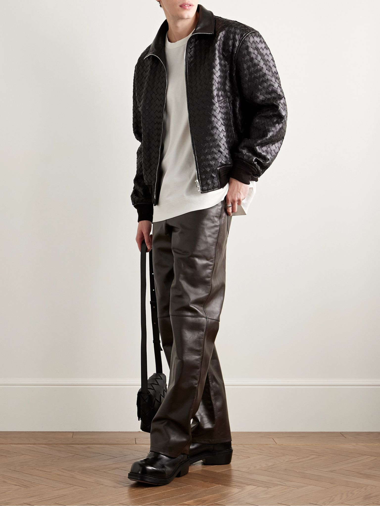 Intrecciato Leather Blouson Jacket Brown - 2