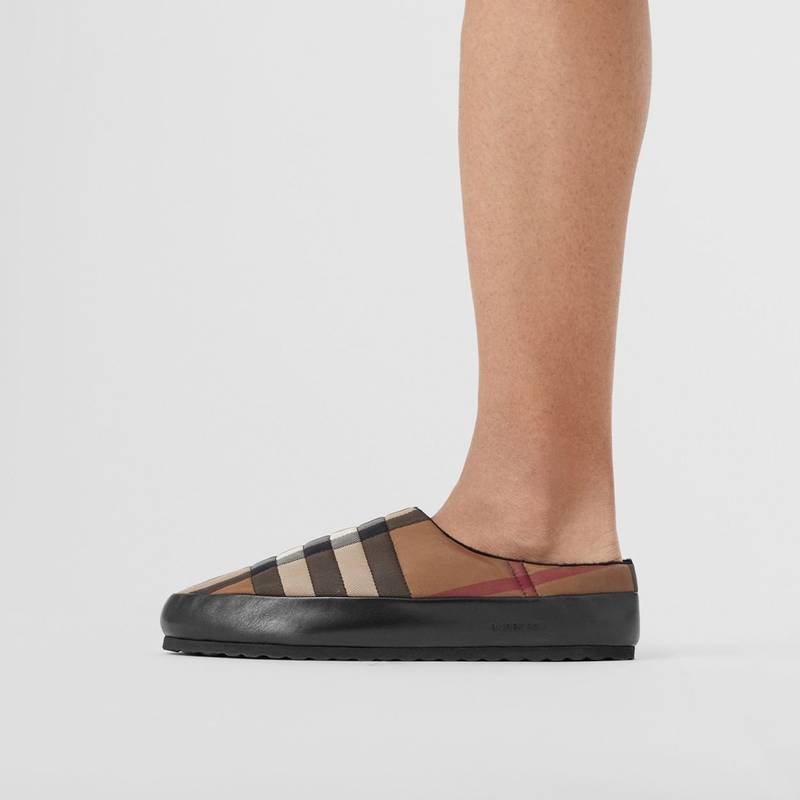 Check Nylon and Lambskin Slippers 4