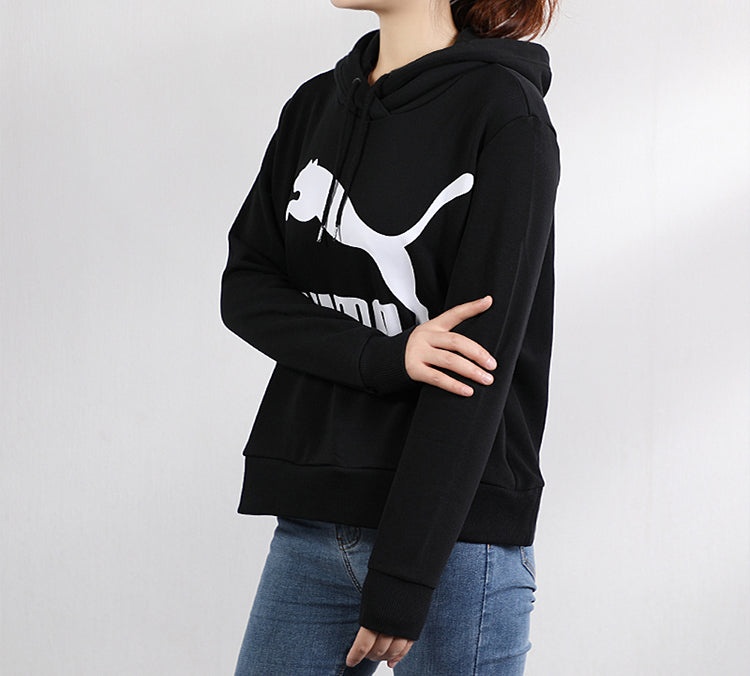 (WMNS) PUMA Classics Logo Hoody Knitting Pullover Fleece Black 595915-01 - 3