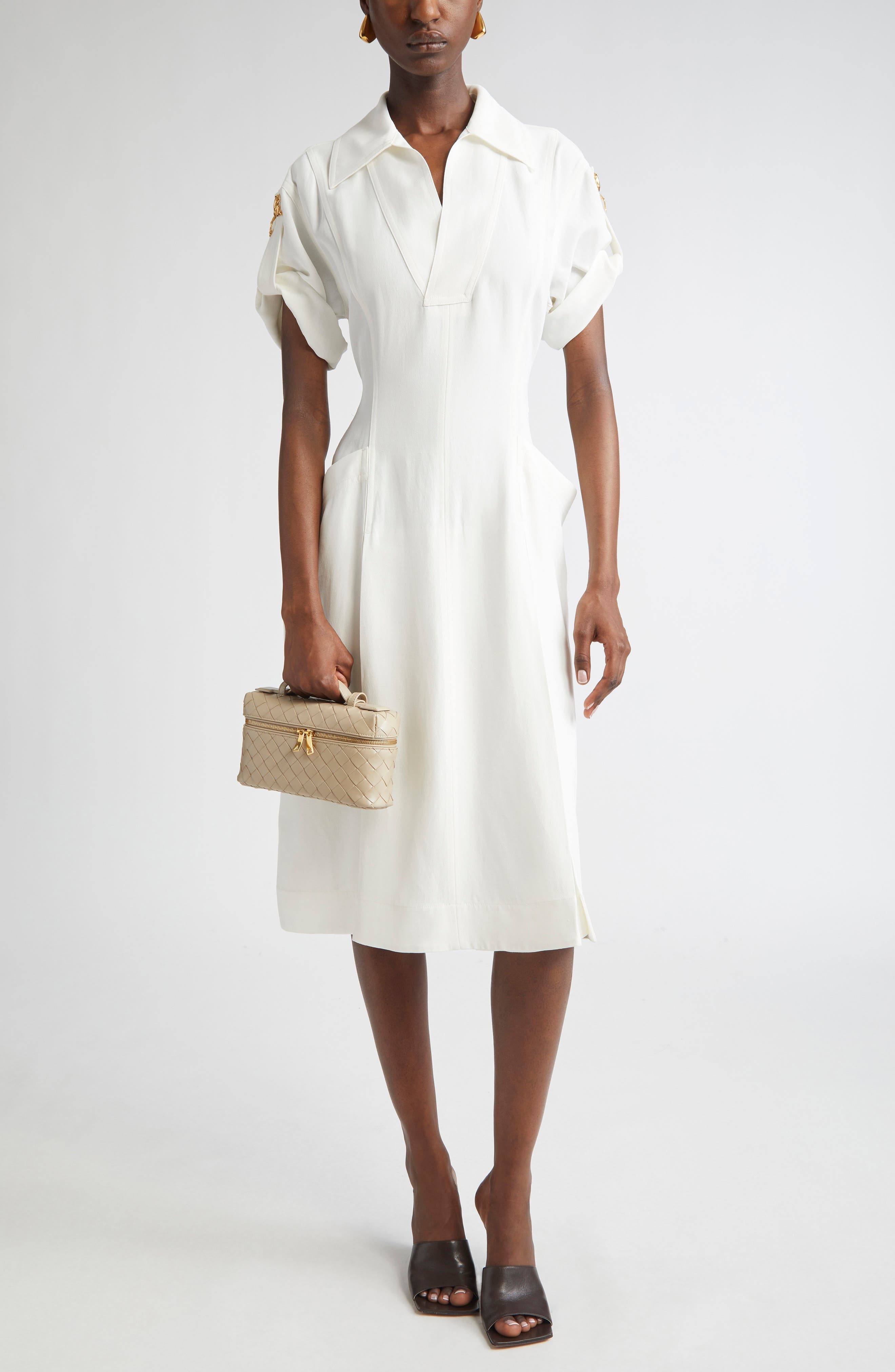 Bottega Veneta Pleated Viscose & Linen Midi Dress in 9071 Chalk at Nordstrom - 1