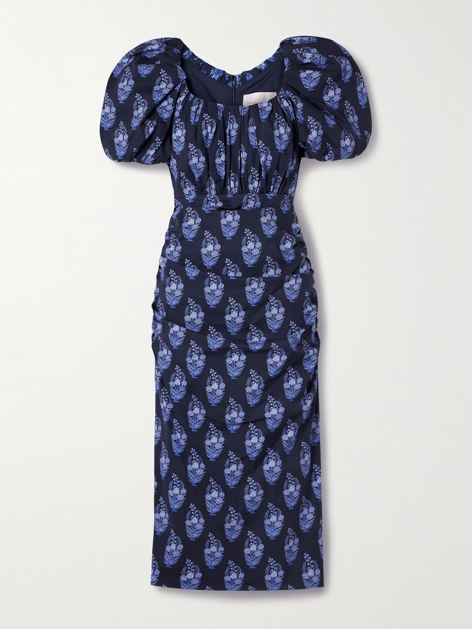 Gathered floral-print cotton-blend poplin midi dress Midnight blue - 1