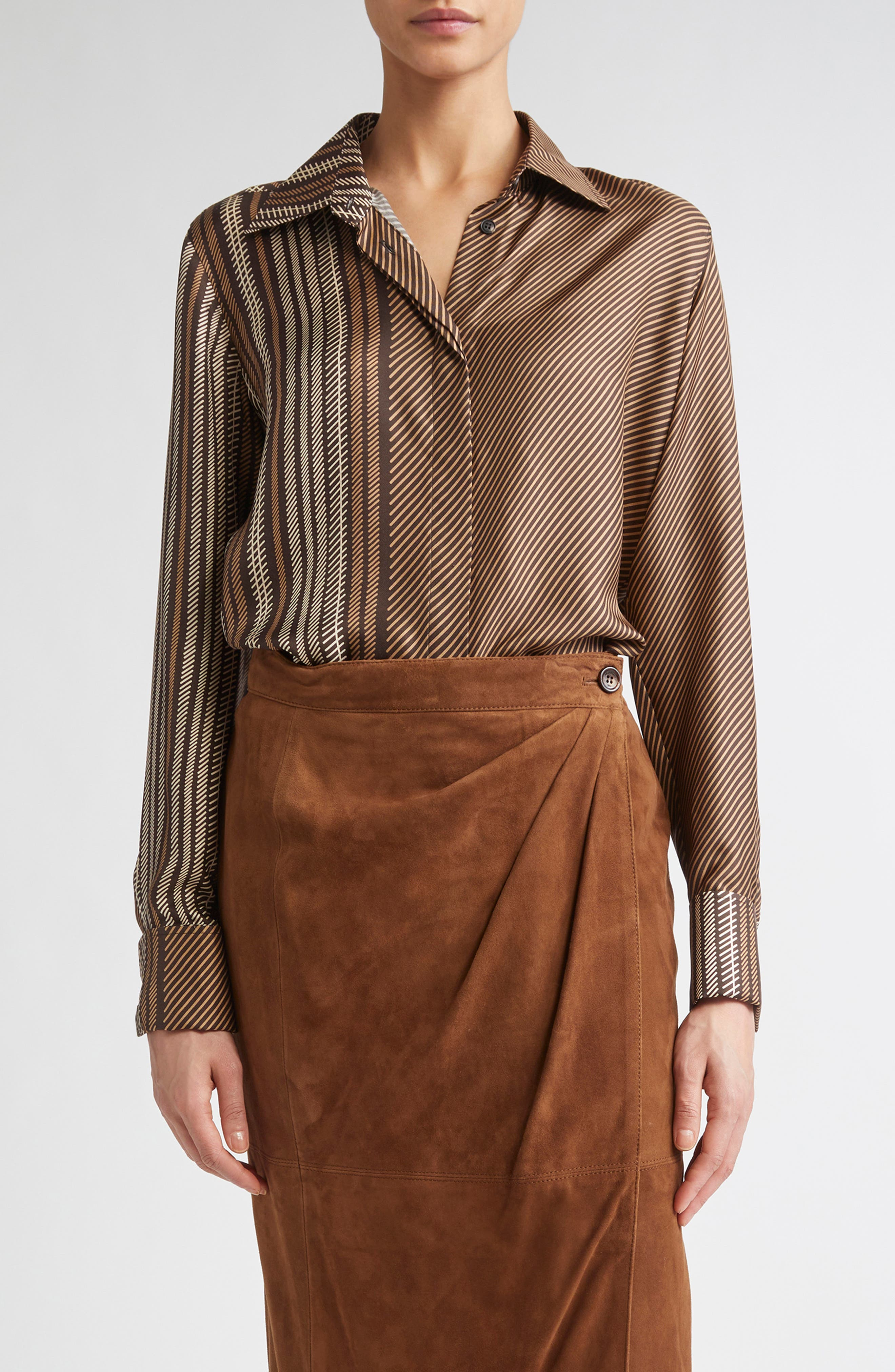 Max Mara Shaker Stripe Silk Top in Chocolate at Nordstrom - 1