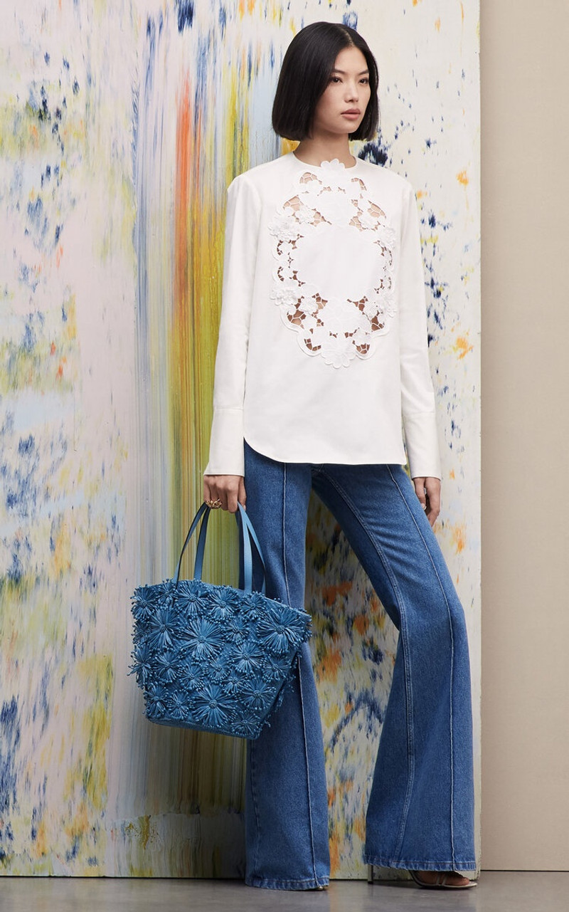 Oscar de la Renta Floral-Appliquéd Cotton-Poplin Blouse white outlook