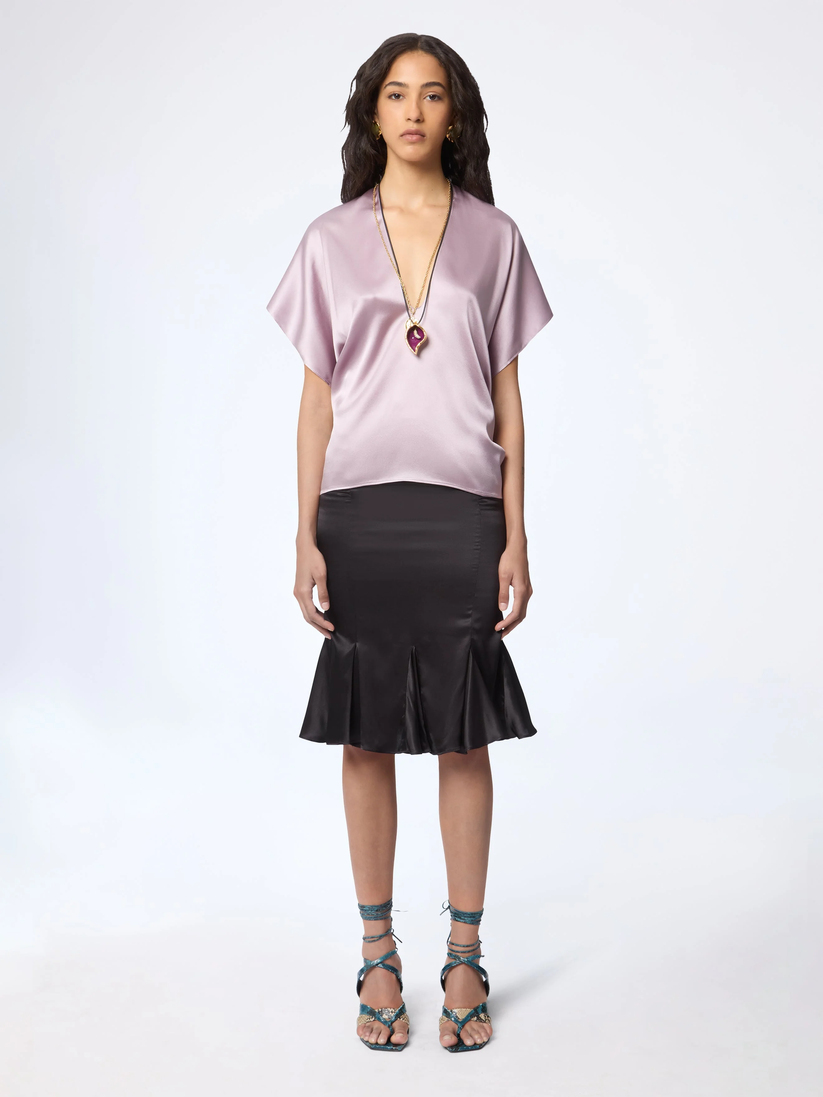 Mauve V-Neck Silk Satin Top - 1