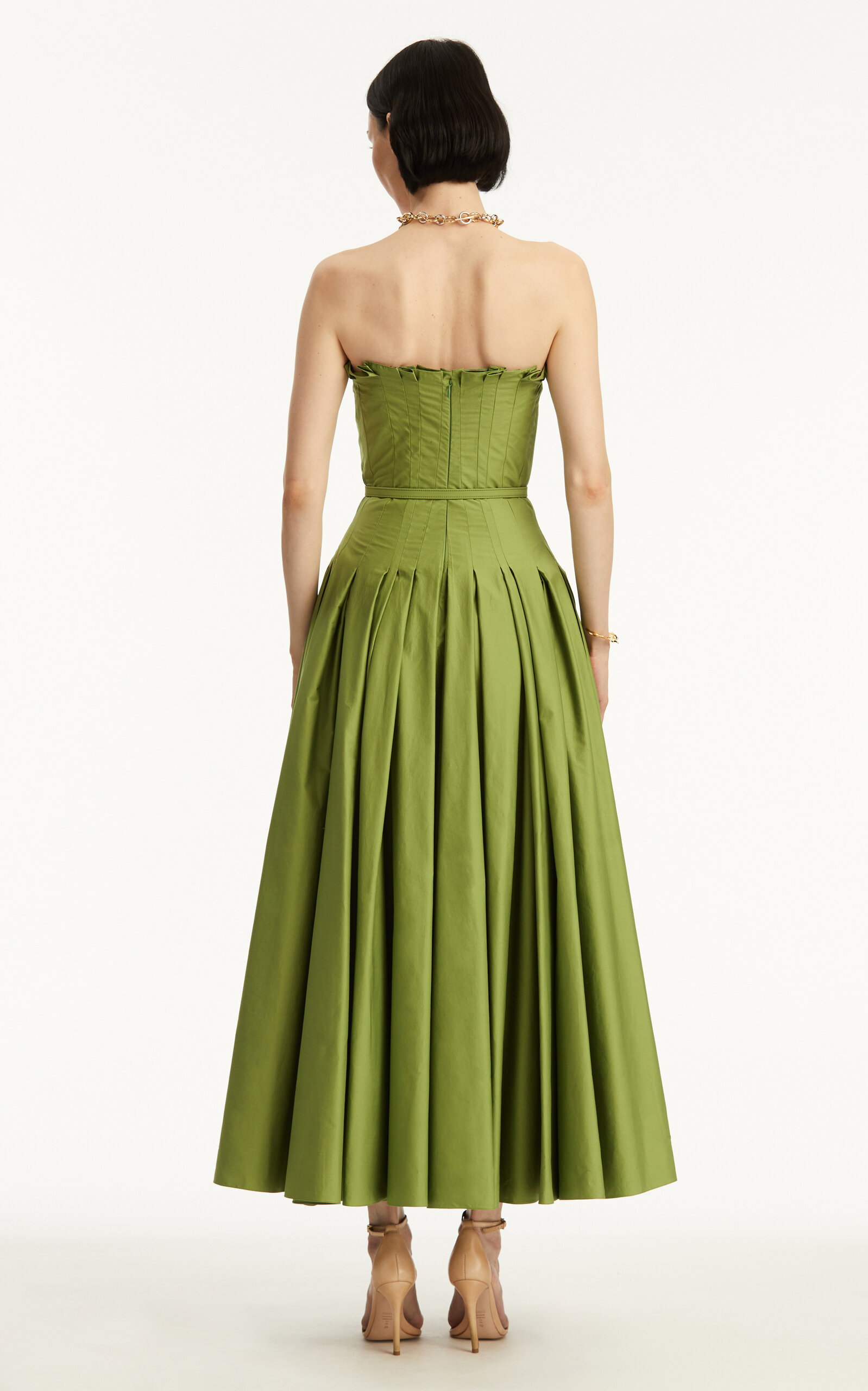 Belted Pleated Cotton Twill Maxi Dress green - 5