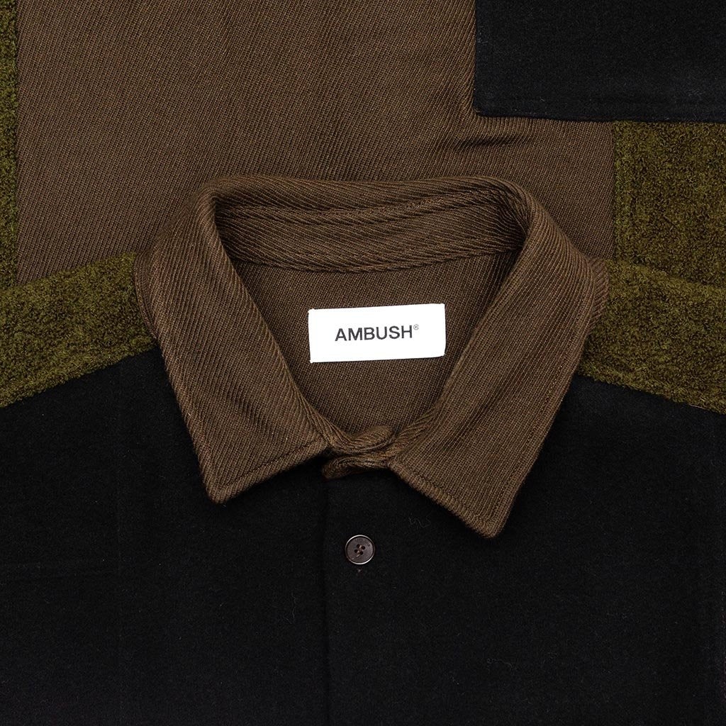 AMBUSH WOVEN FLEECE PATCHWORK SHIRT - DARK GREEN - 3