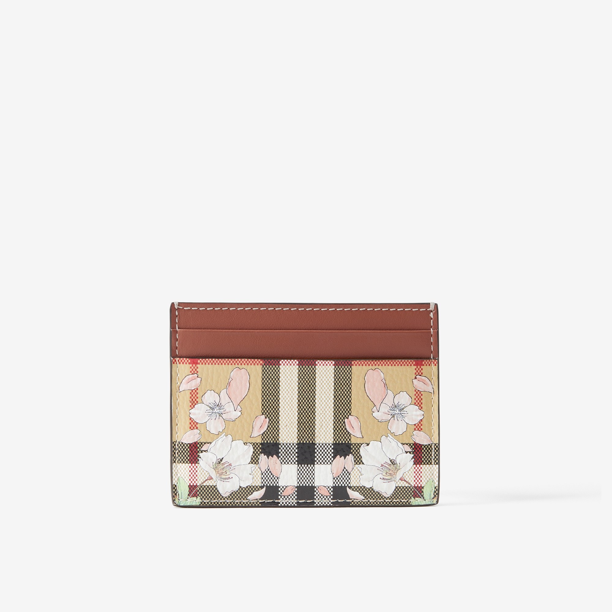 Floral Check Print Leather Card Case - 1