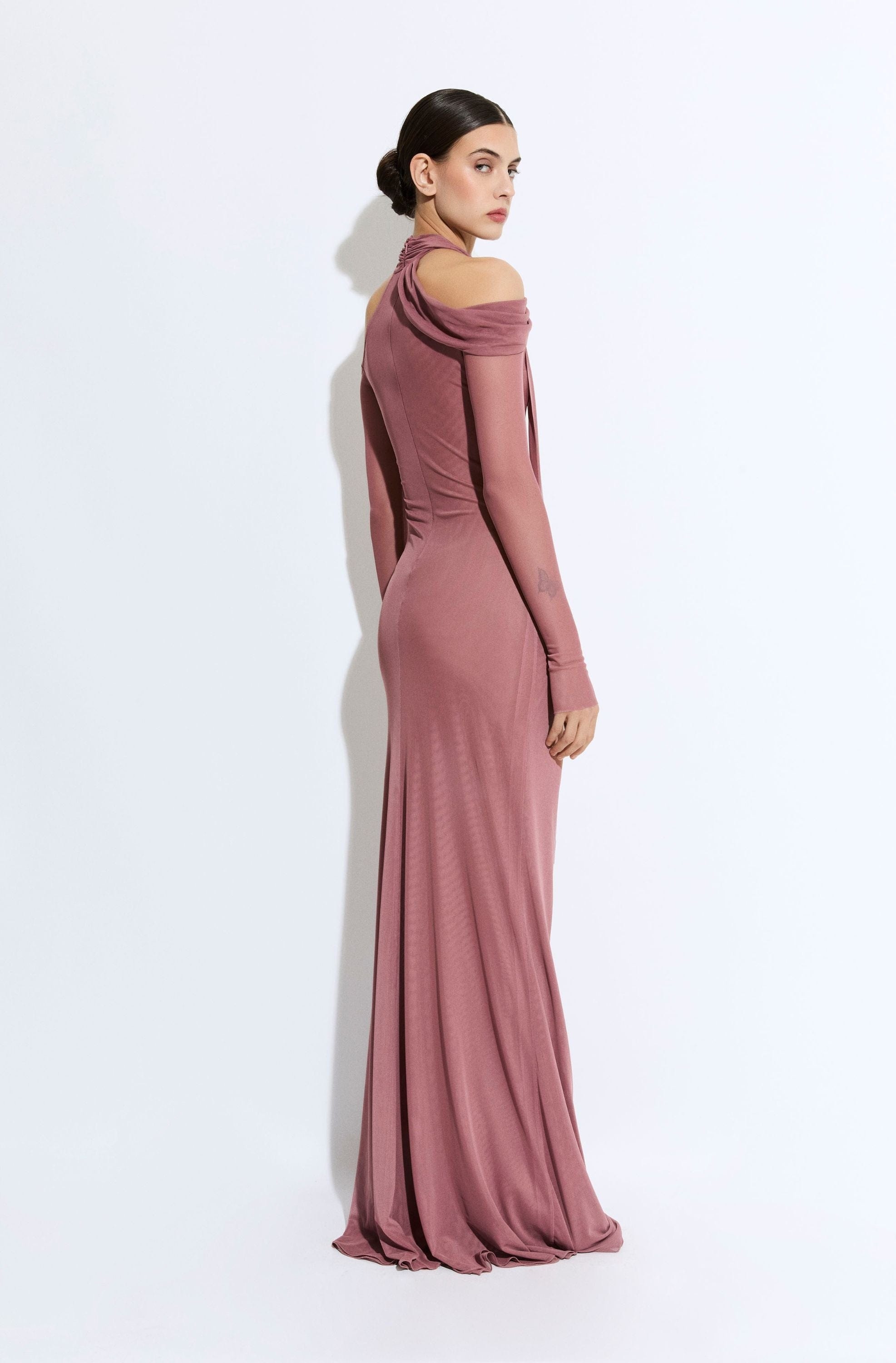 Mesh Scarf Neck Gown - 3