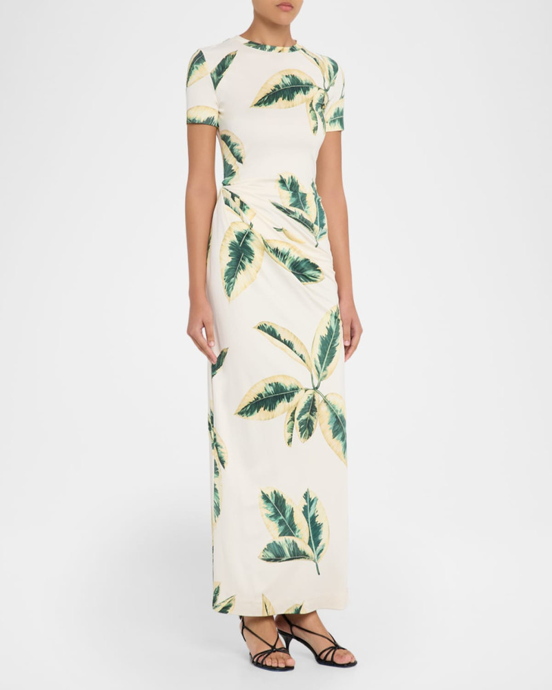 Short-Sleeve Ficus-Print Draped Maxi Dress 4