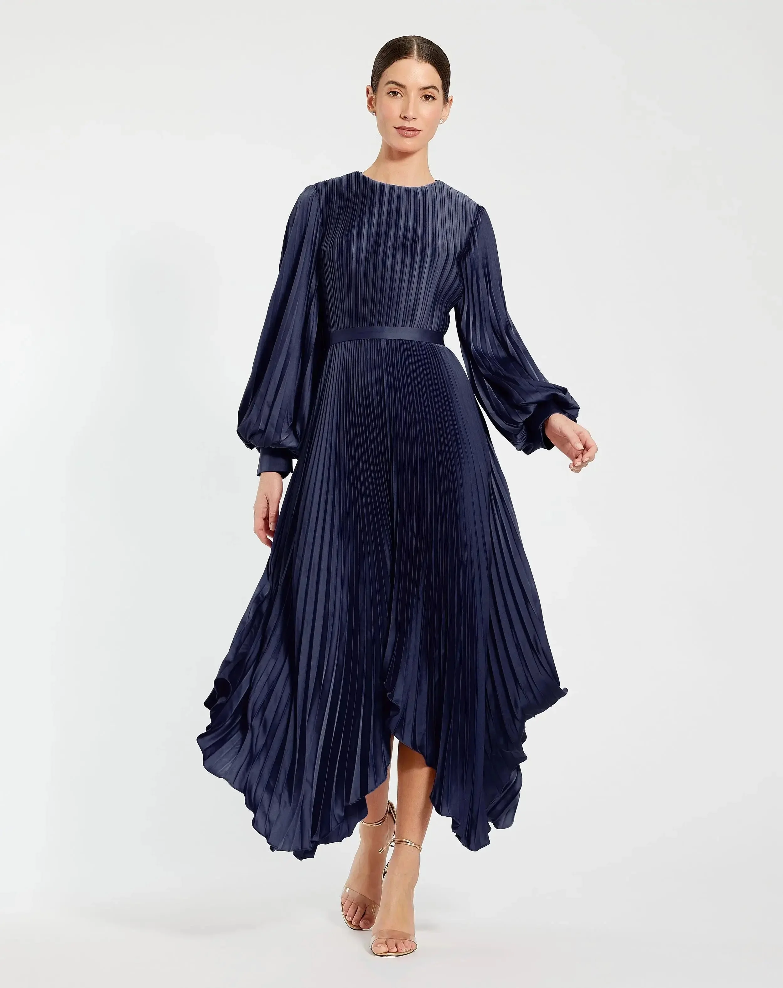 Midnight Long Sleeve Pleated Charmeuse Handkerchief Dress - 1
