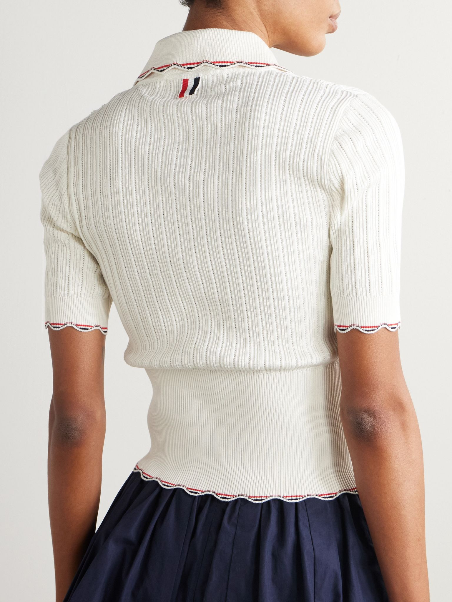 Scalloped ribbed silk and cotton-blend polo shirt Cream - 3