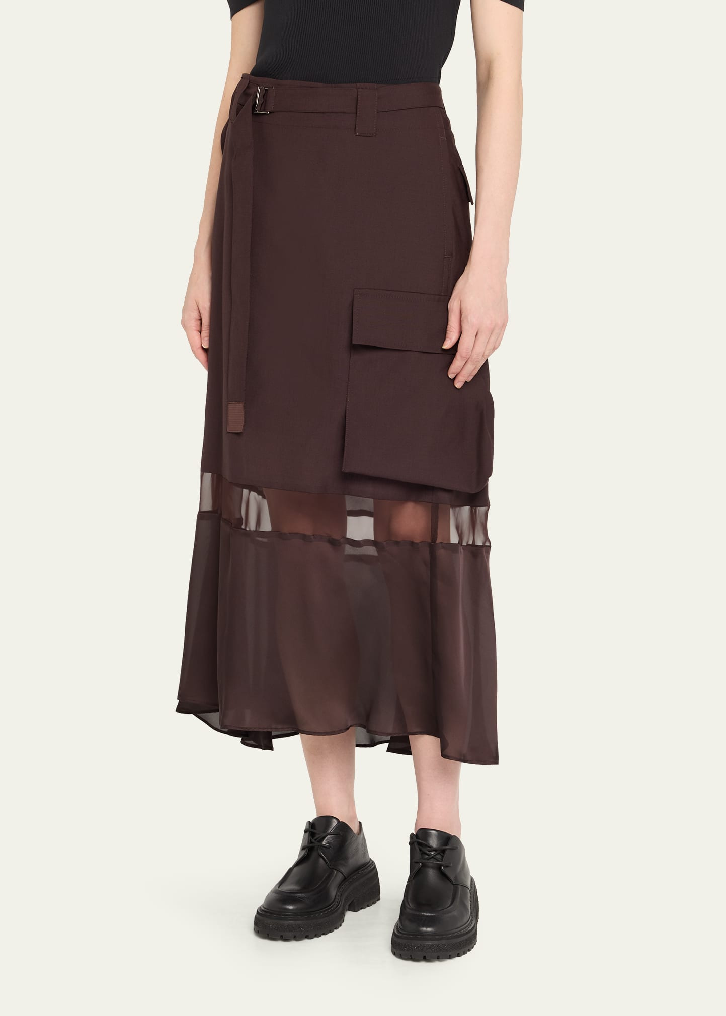 Belted Sheer-Insert Midi Skirt - 4