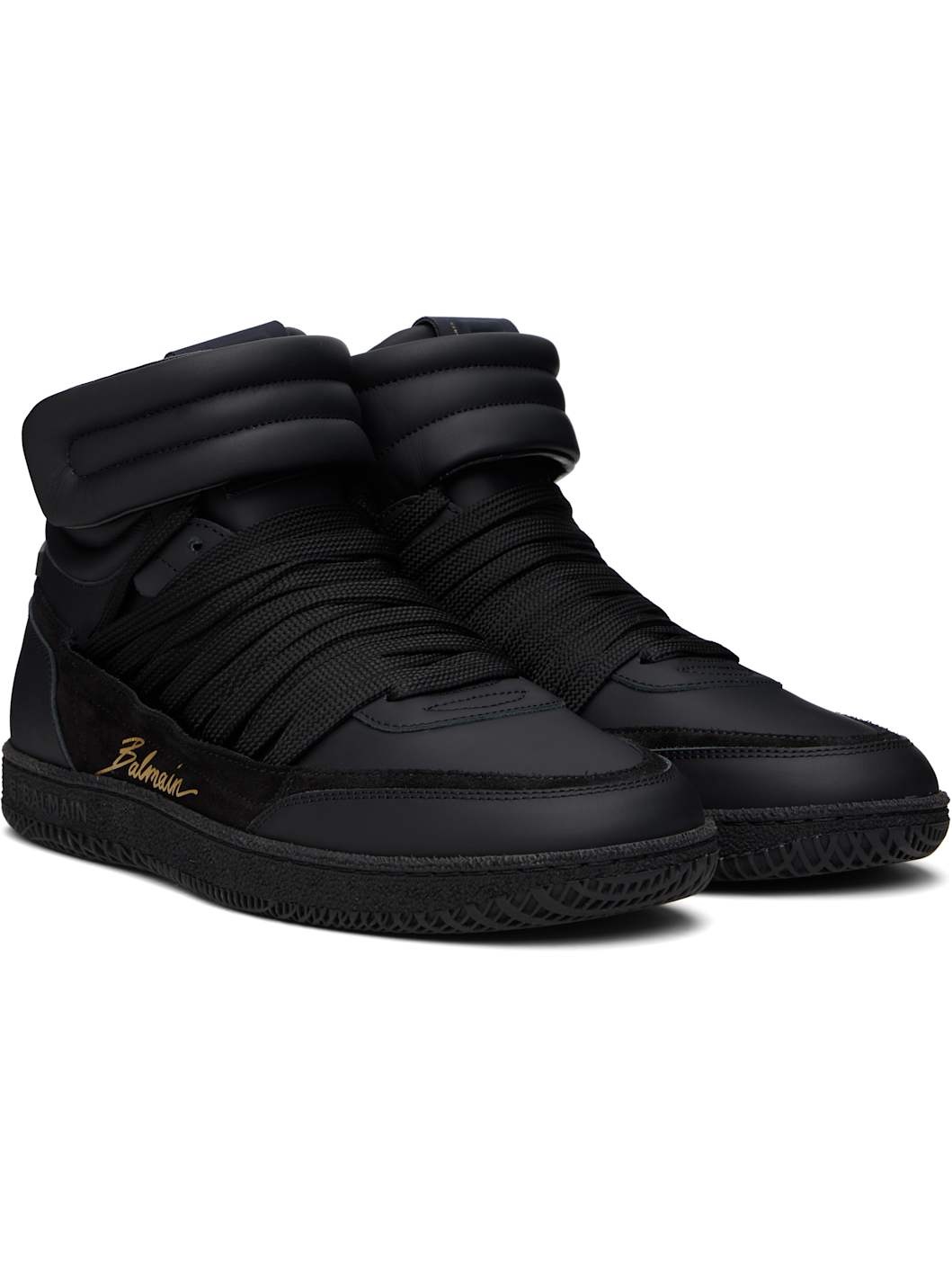 Black Leather 'Balmain Swan' Mid-Top Lace-Up Sneakers - 4