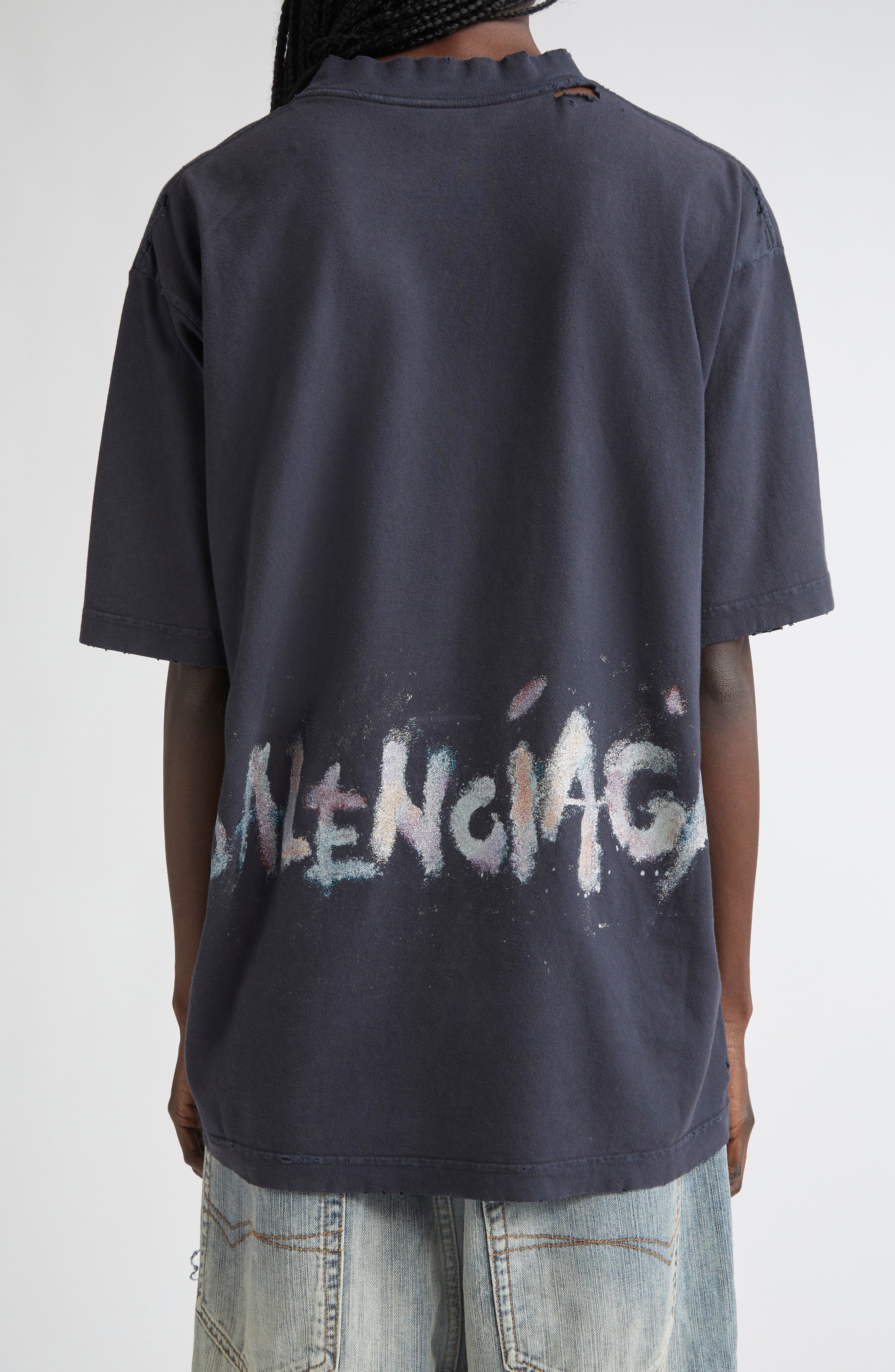 Balenciaga Medium Fit Nail Polish Distressed Logo Graphic T-Shirt in 1041 Faded Washed Black at Nord - 3