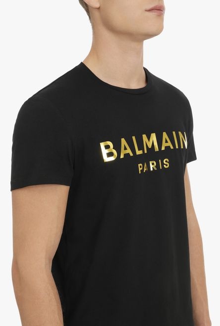 Black cotton T-shirt with gold metallic-effect Balmain Paris logo - 6