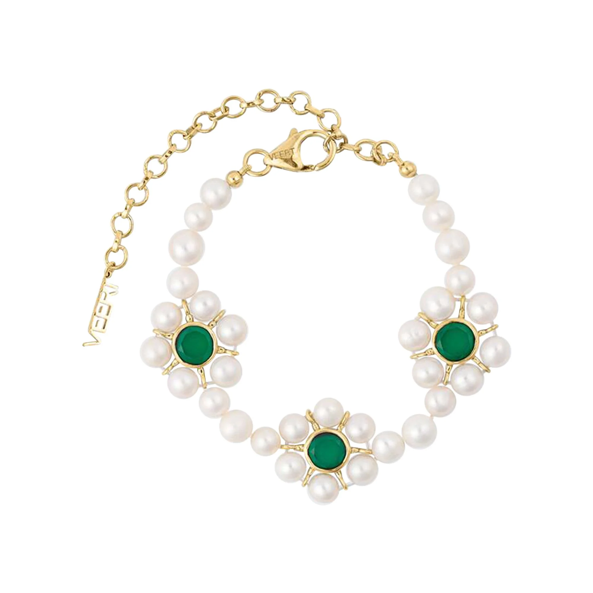 VEERT The Trio Flower Pearl Bracelet 'Yellow Gold/Pearl/Green Onyx' - 1