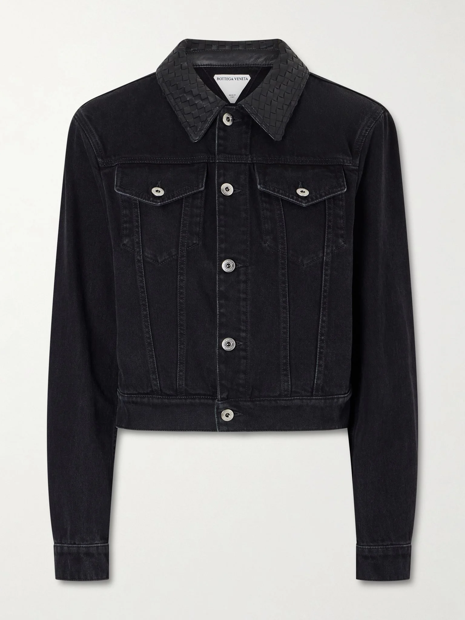Intrecciato leather-trimmed denim jacket Black - 1