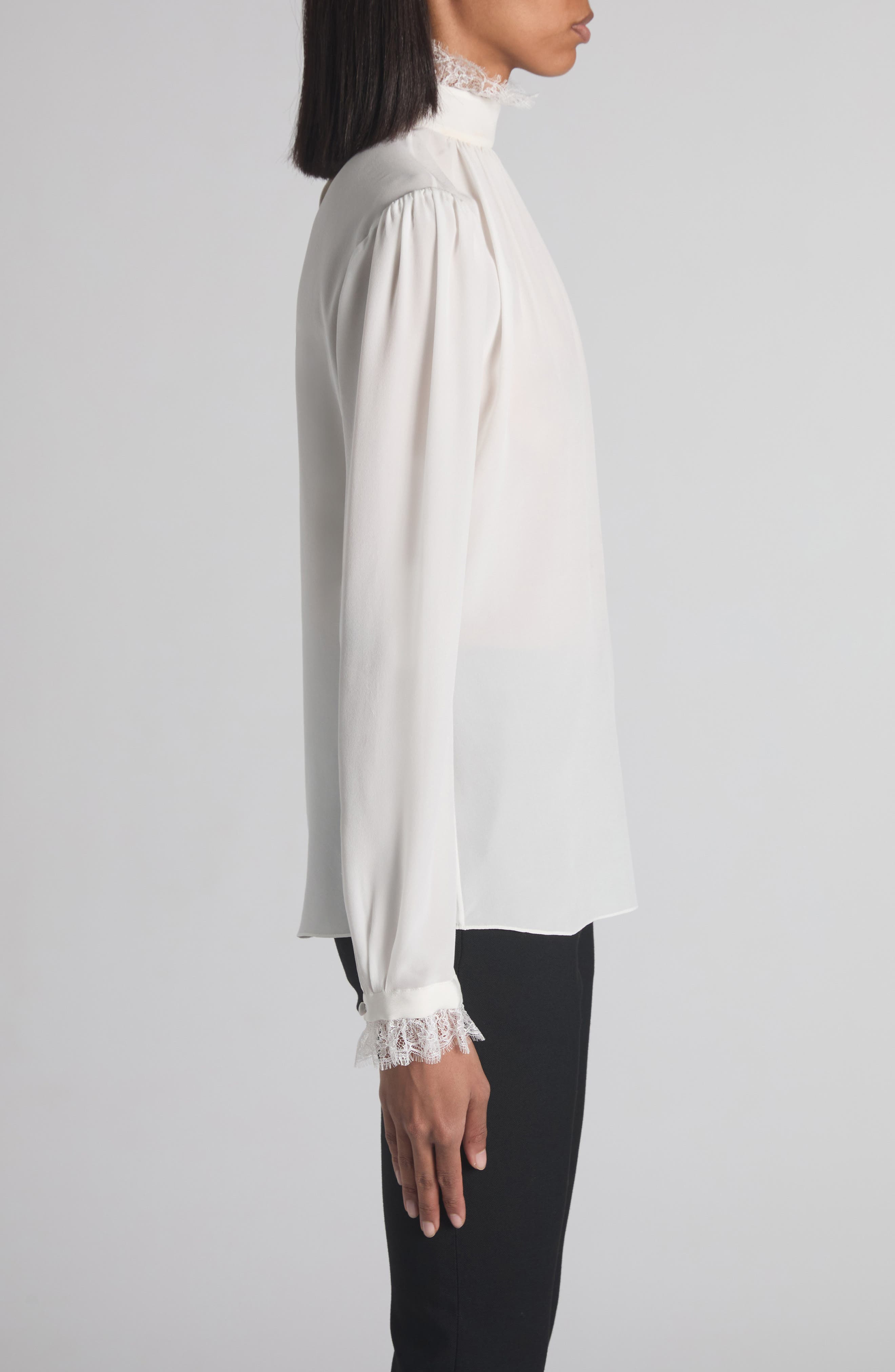 McQueen Lace Insert Silk Crêpe de Chine Top in Light Ivory at Nordstrom - 4