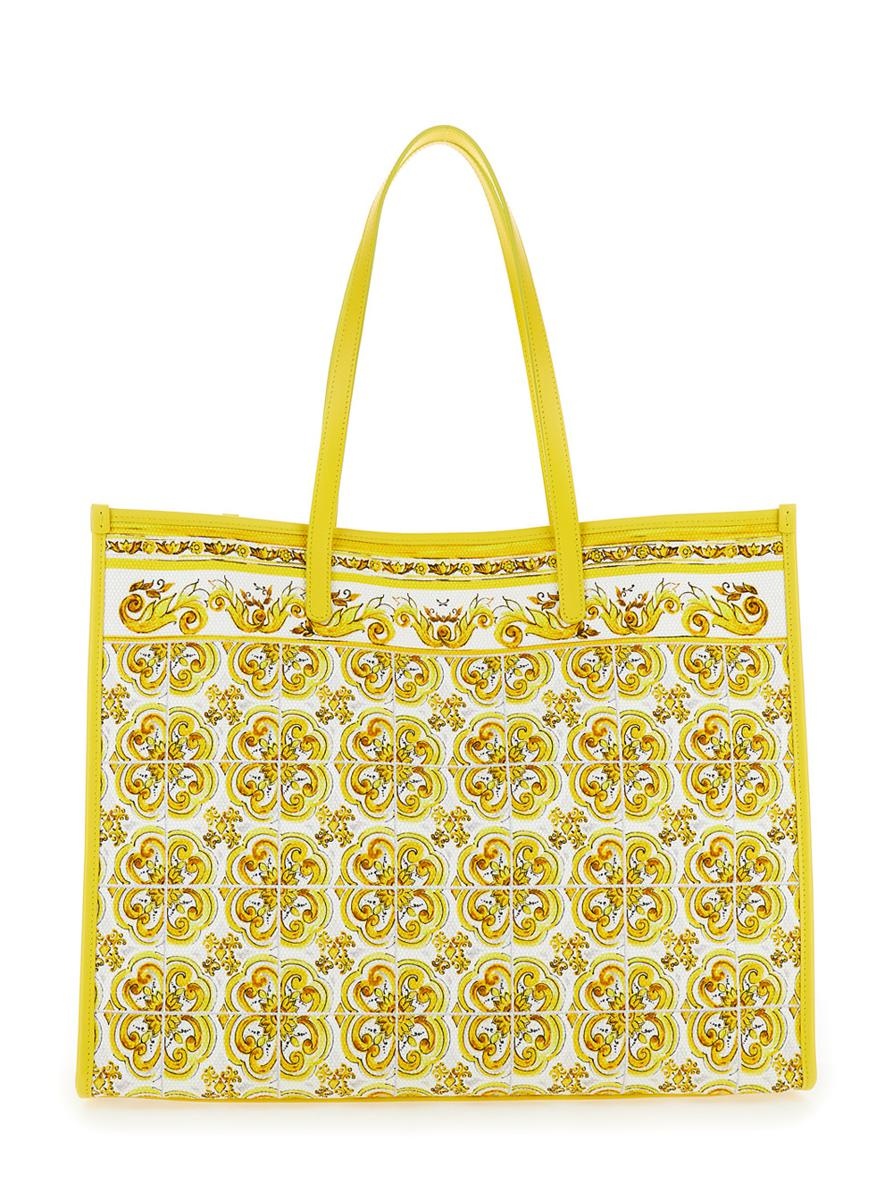 Dolce & Gabbana YELLOW AND WHITE TOTE BAG WITH MAJOLICA PRINT AND LOGO PLAQUE IN COTTON WOMAN - 2