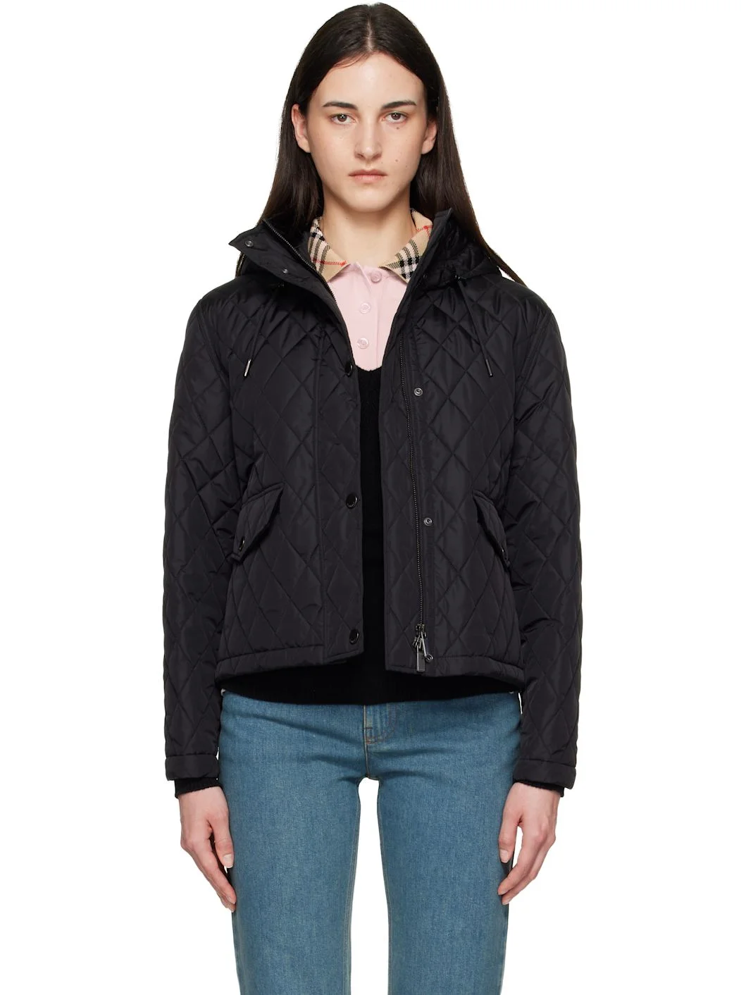 Black Cropped Quilted Nylon Hooded Jacket - 1