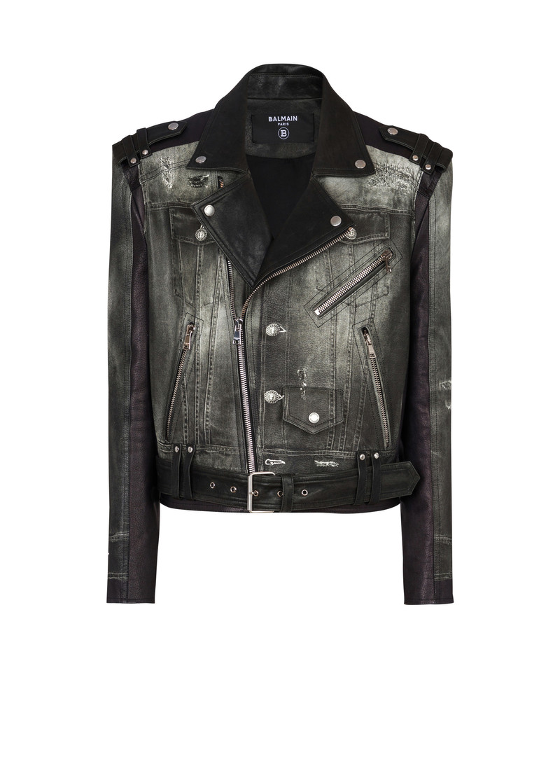 Leather biker jacket with denim print 1