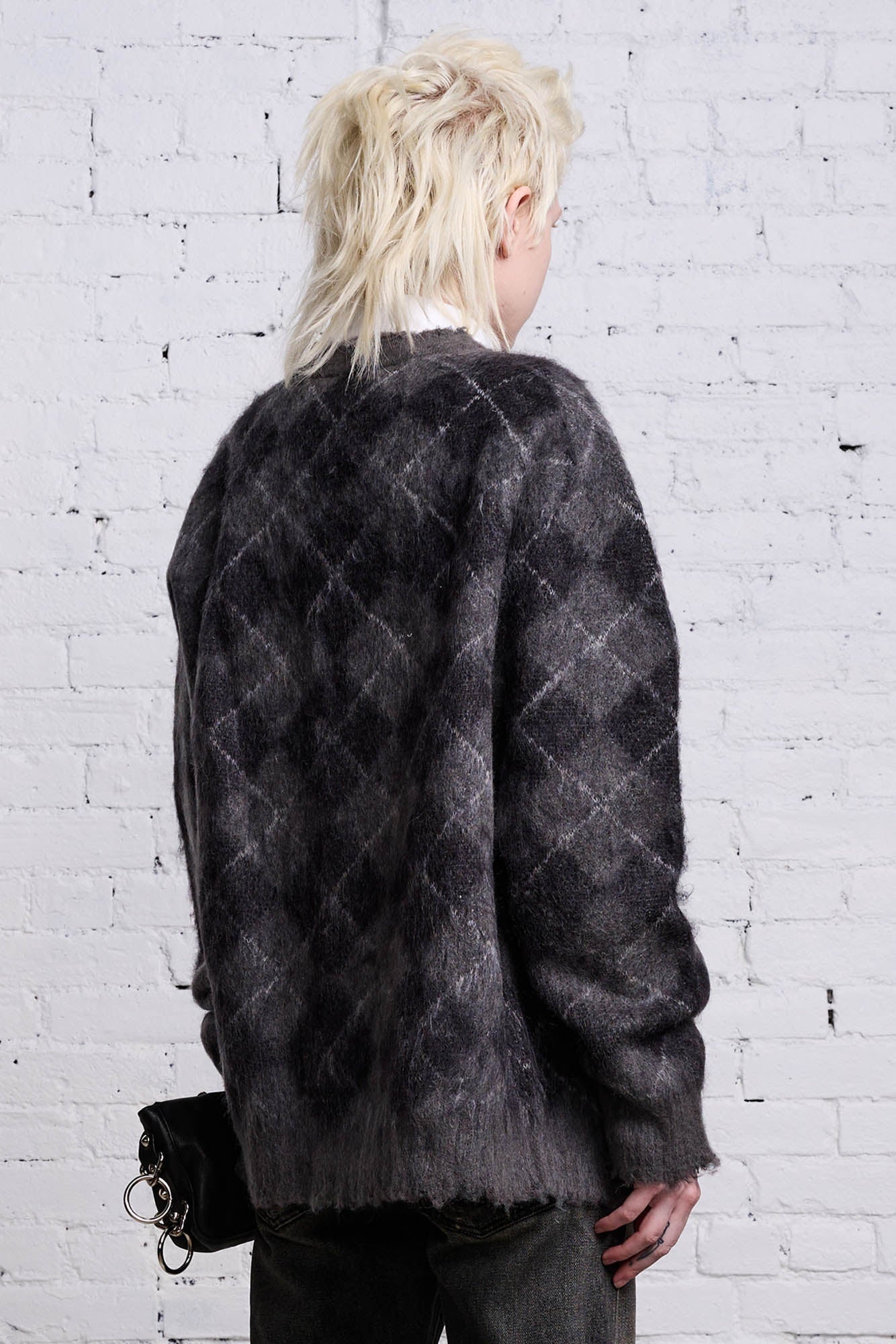 OVERSIZED DISTRESSED EDGE CARDIGAN - CHARCOAL/BLACK ARGYLE - 5