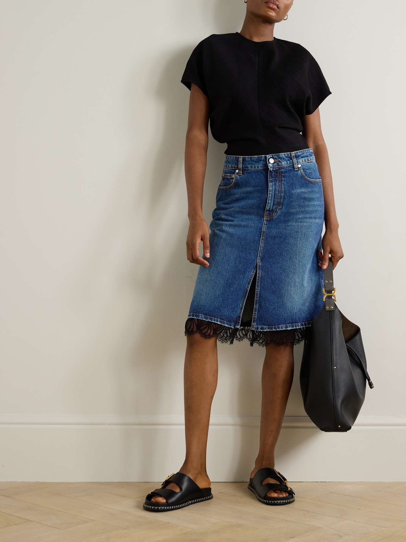 Lace-trimmed denim midi skirt - 2