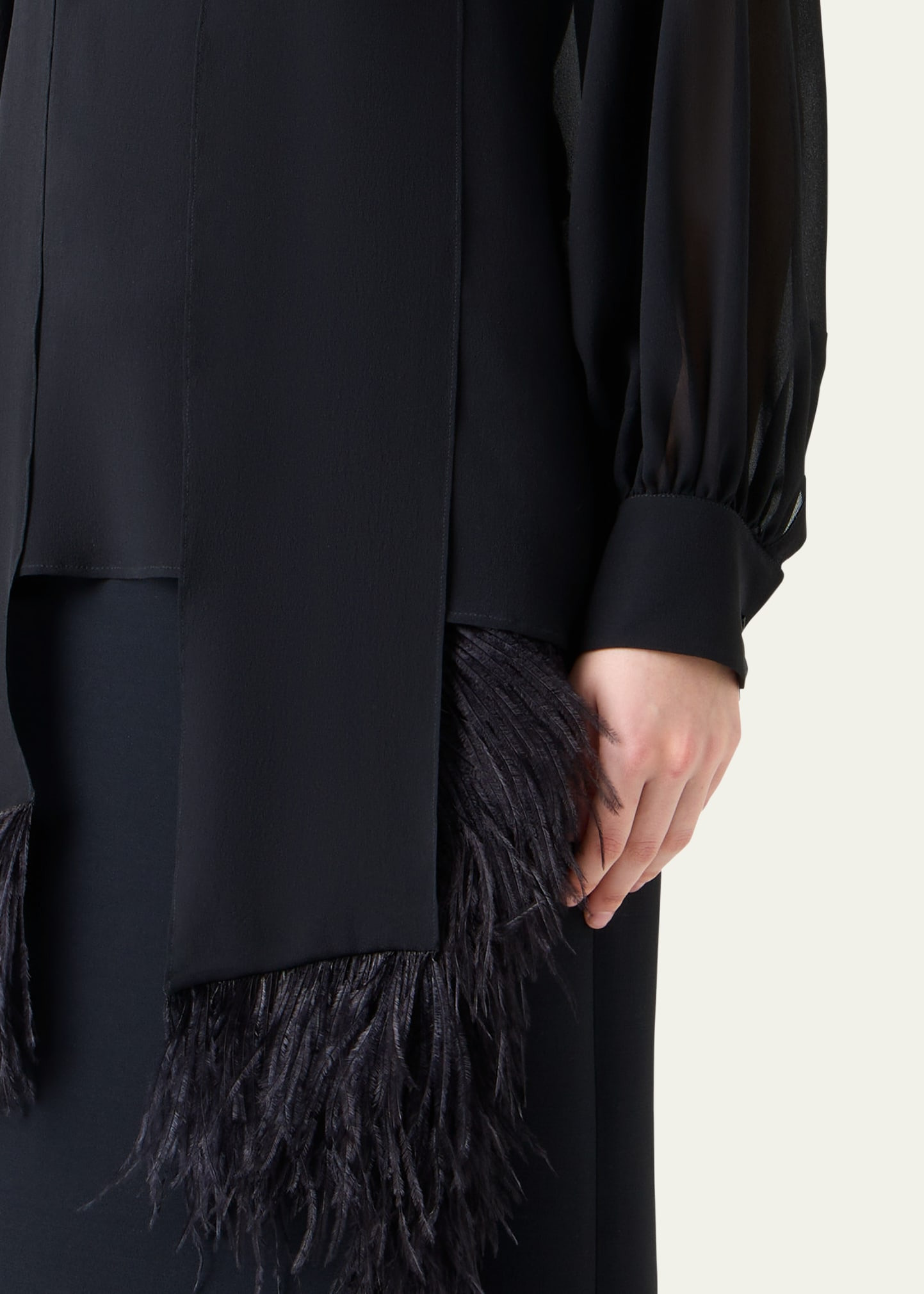 Feather-Trim Scarf Silk Georgette Blouse - 5