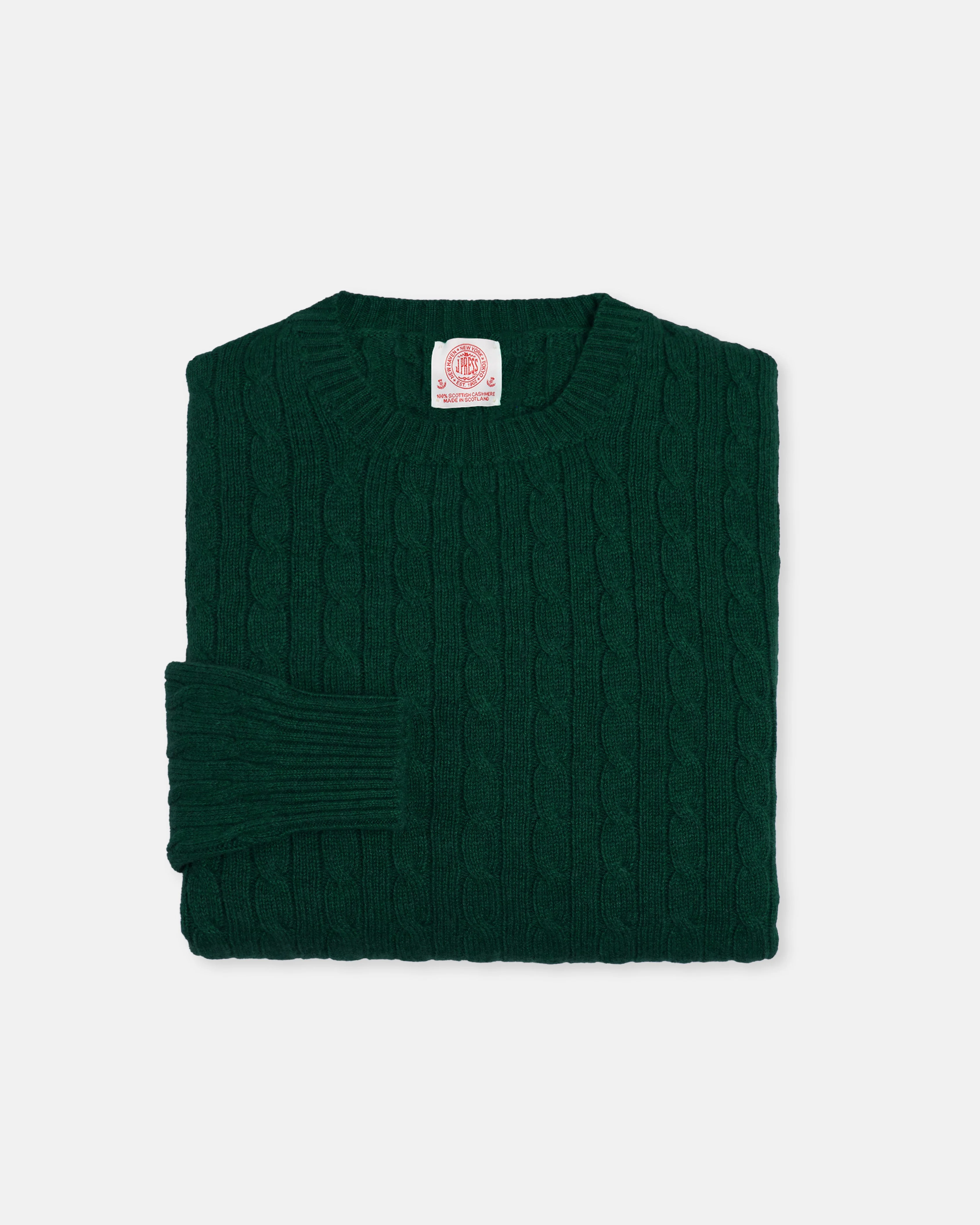 MADE-IN-SCOTLAND DARK GREEN CASHMERE CABLEKNIT SWEATER - 1