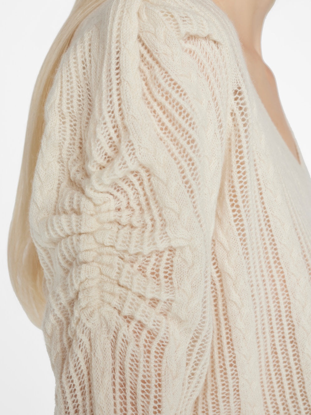 Pointelle Cashmere Ruched Sweater in Off White - 4