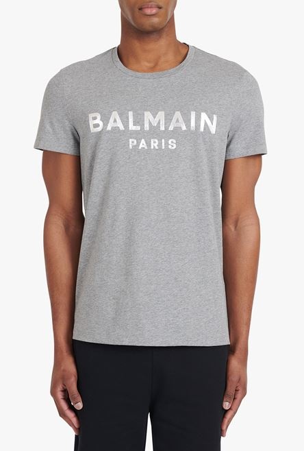 Heather gray eco-designed cotton T-shirt with silver Balmain Paris logo - 5