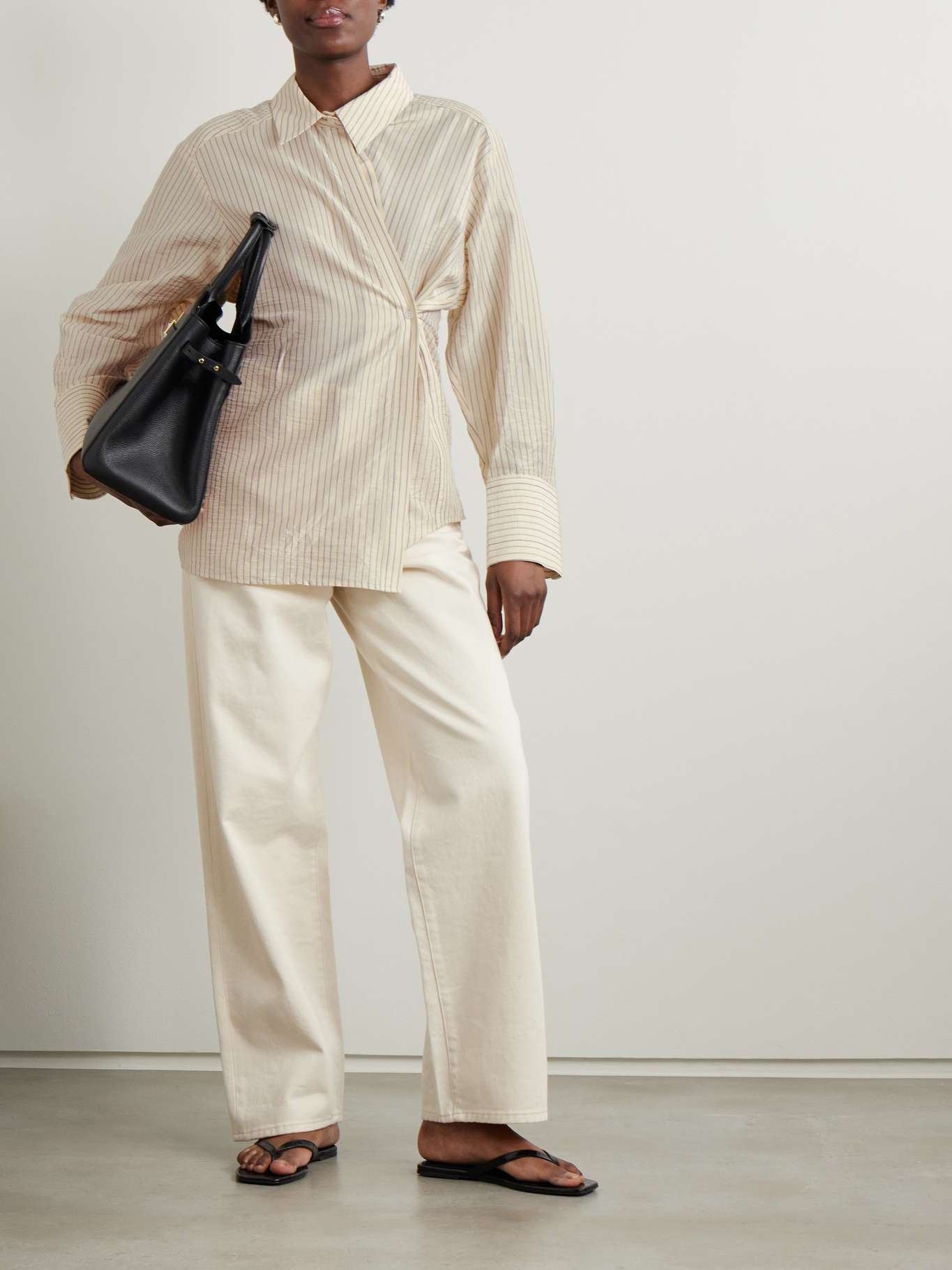 Asymmetric twisted striped voile shirt Cream - 2