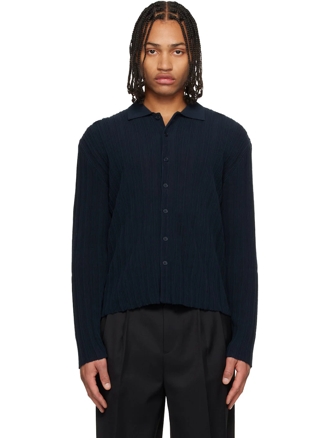 Navy Ribbed Cardigan - 1