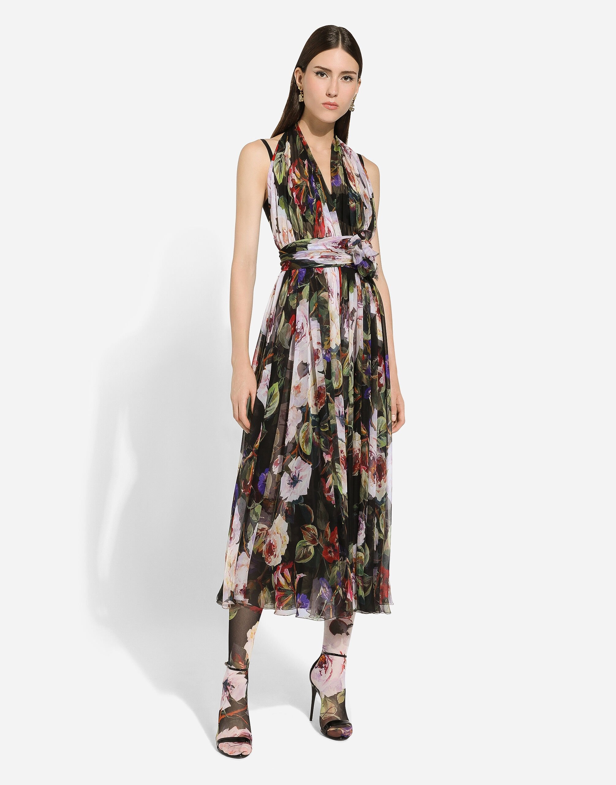 Chiffon calf-length dress with rose garden print - 2