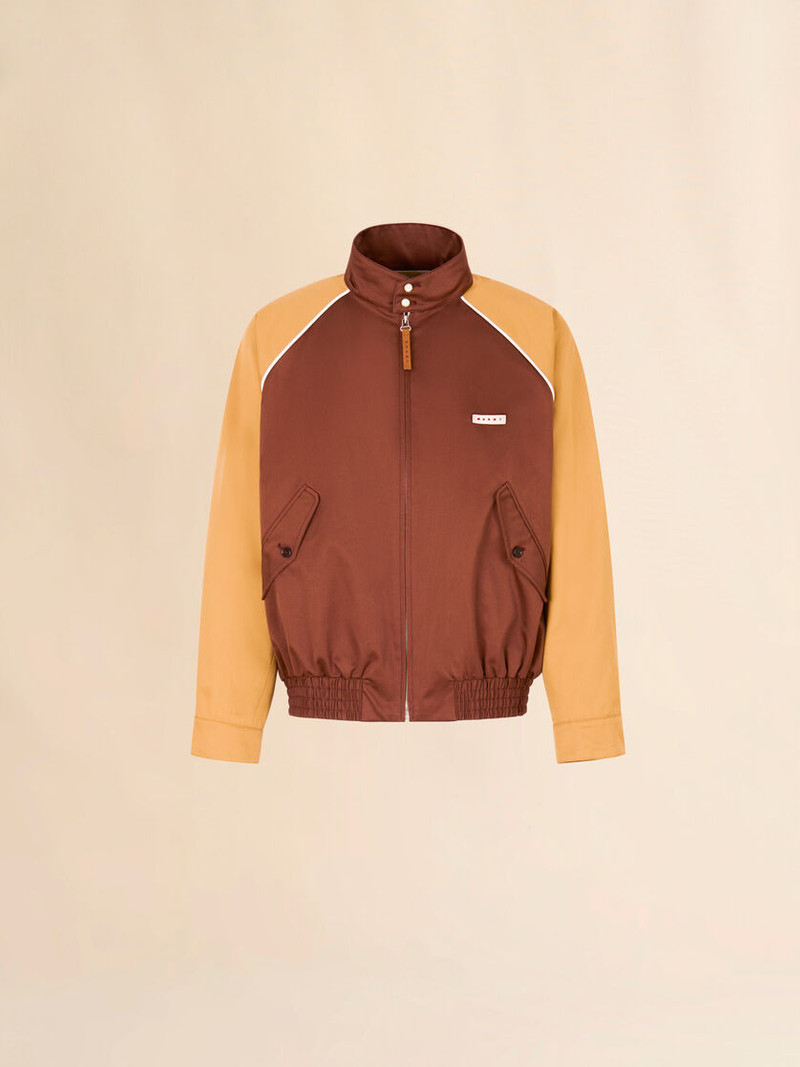 BROWN WATER-REPELLENT GABARDINE COLOUR-BLOCK BOMBER JACKET 1