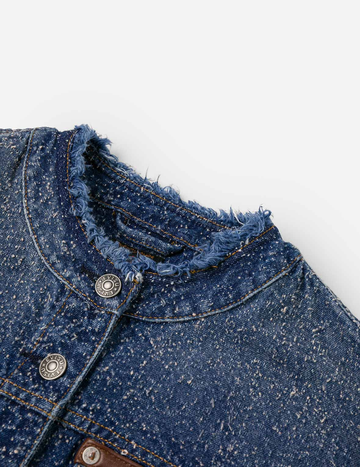 Leather Trim Fashion Fit Collarless Denim Jacket - 6