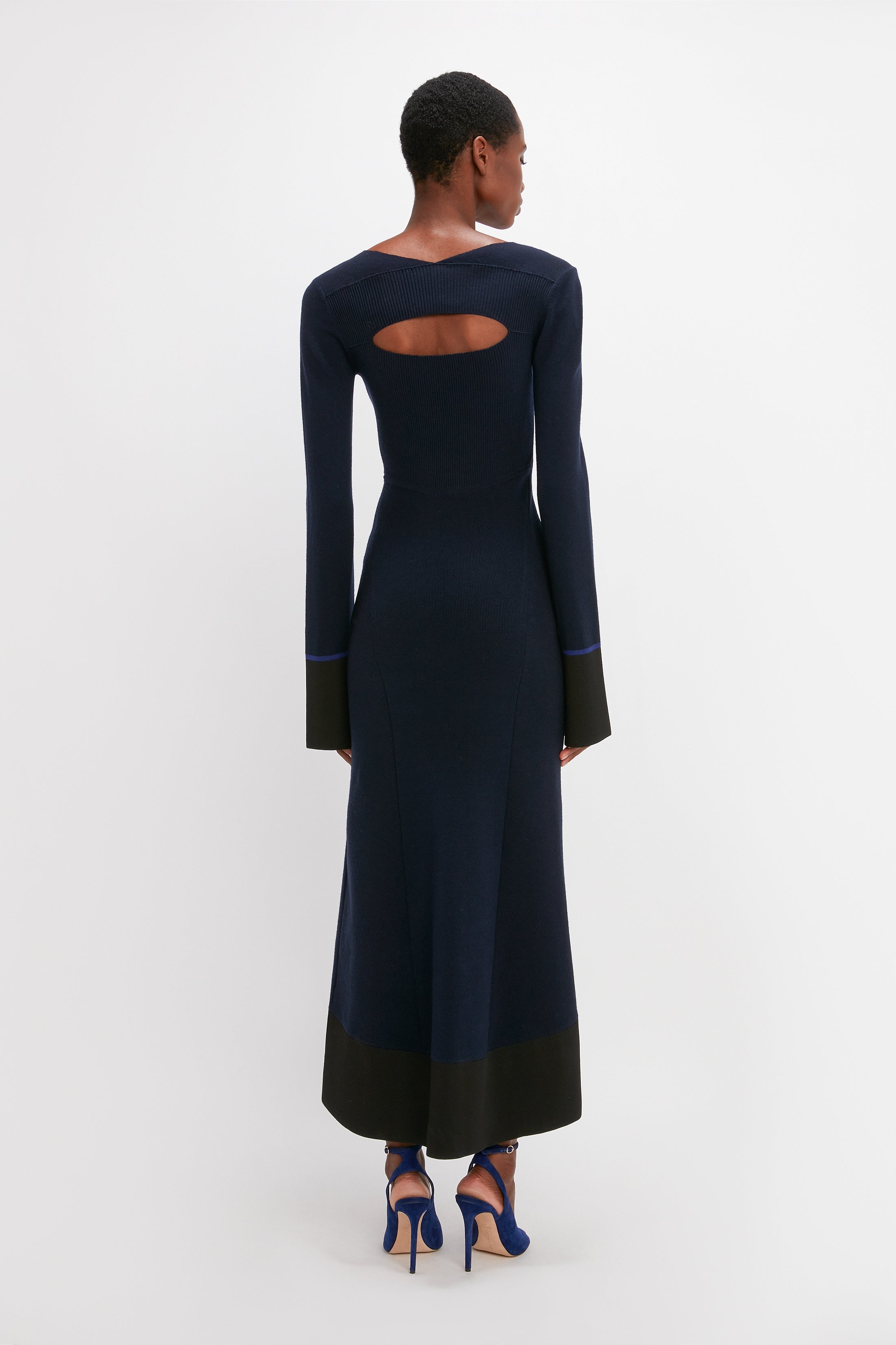 V Neck Knitted Dress in Navy - 4