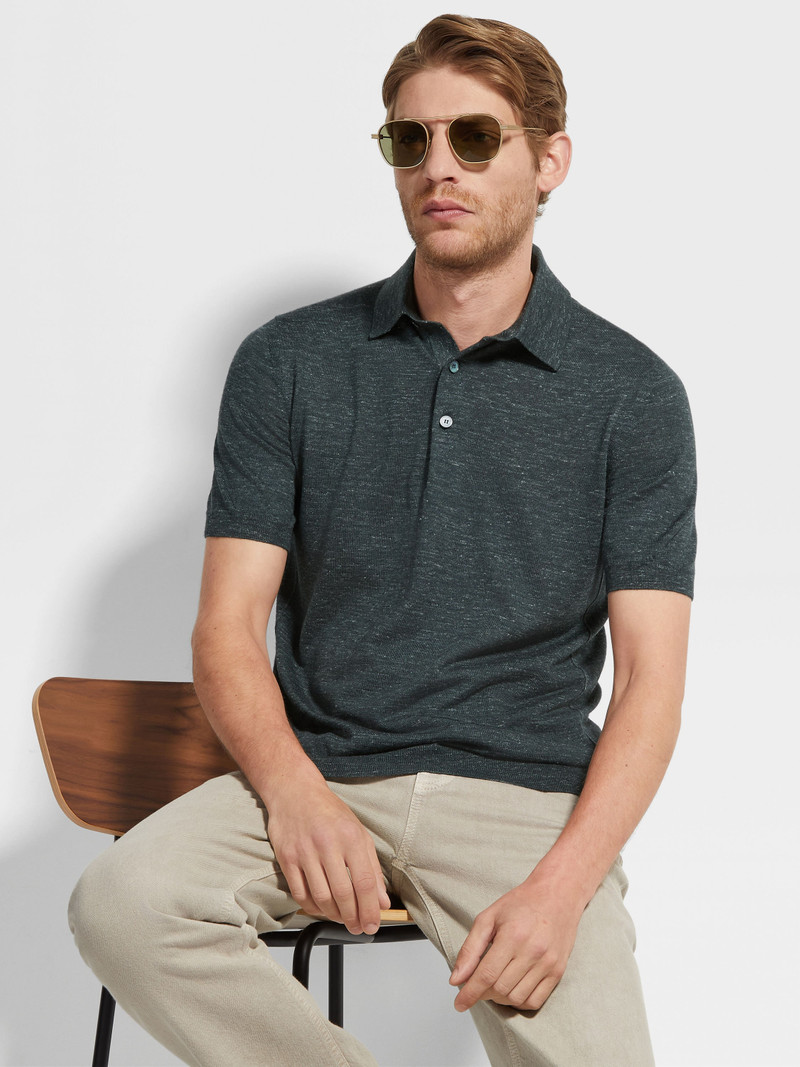 DARK GREEN MÉLANGE SILK CASHMERE AND LINEN POLO SHIRT 3