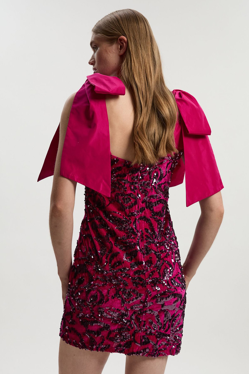 Velvet Sequin Woven Mini Dress With Taffeta Bow Tie Detail 5