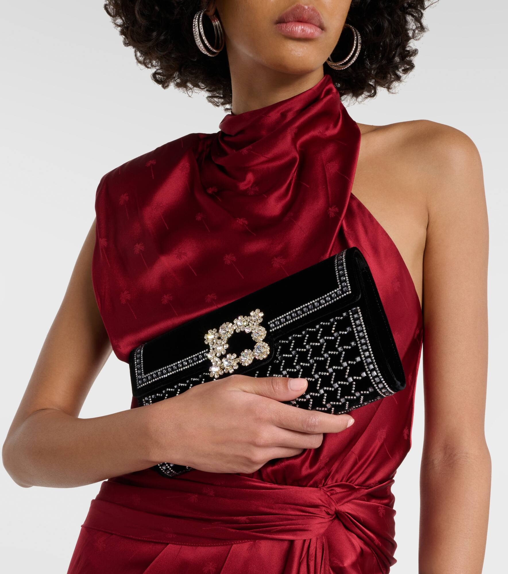 Flower Strass embellished velvet clutch - 2