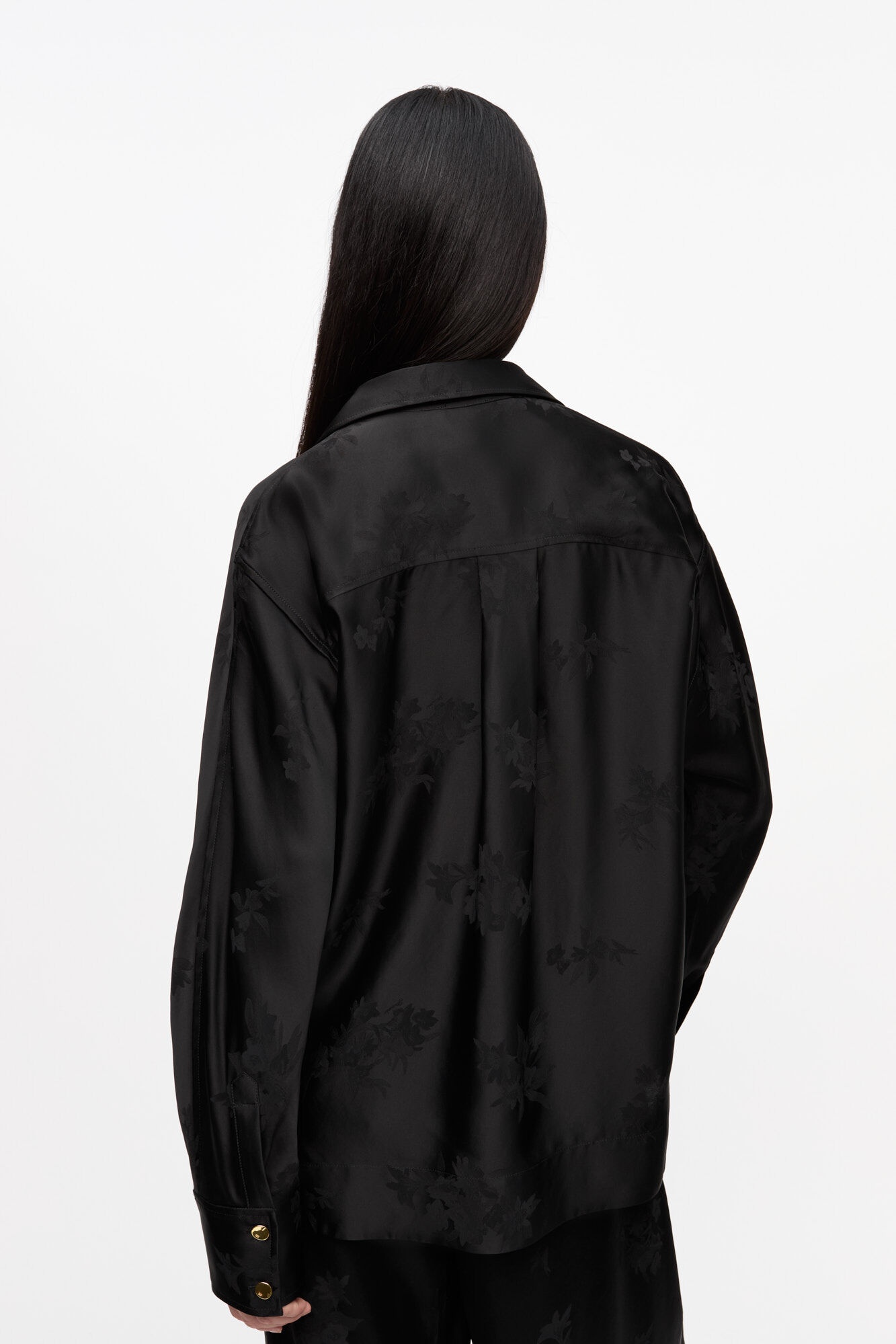 BLACK SATIN JACQUARD TIE STRING SHIRT - 3