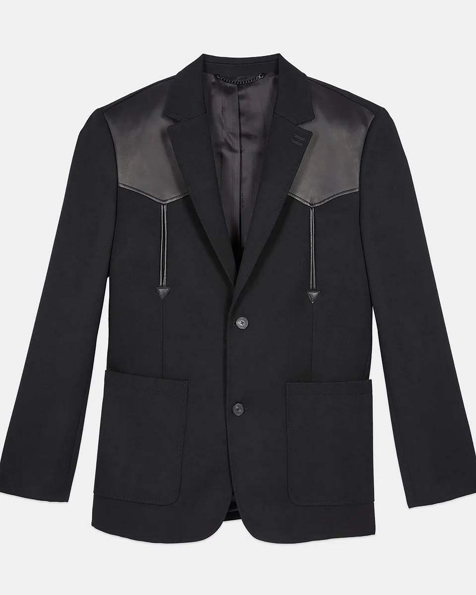 BLACK WOOL JACKET WITH LAMBSKIN DETAILS - 1