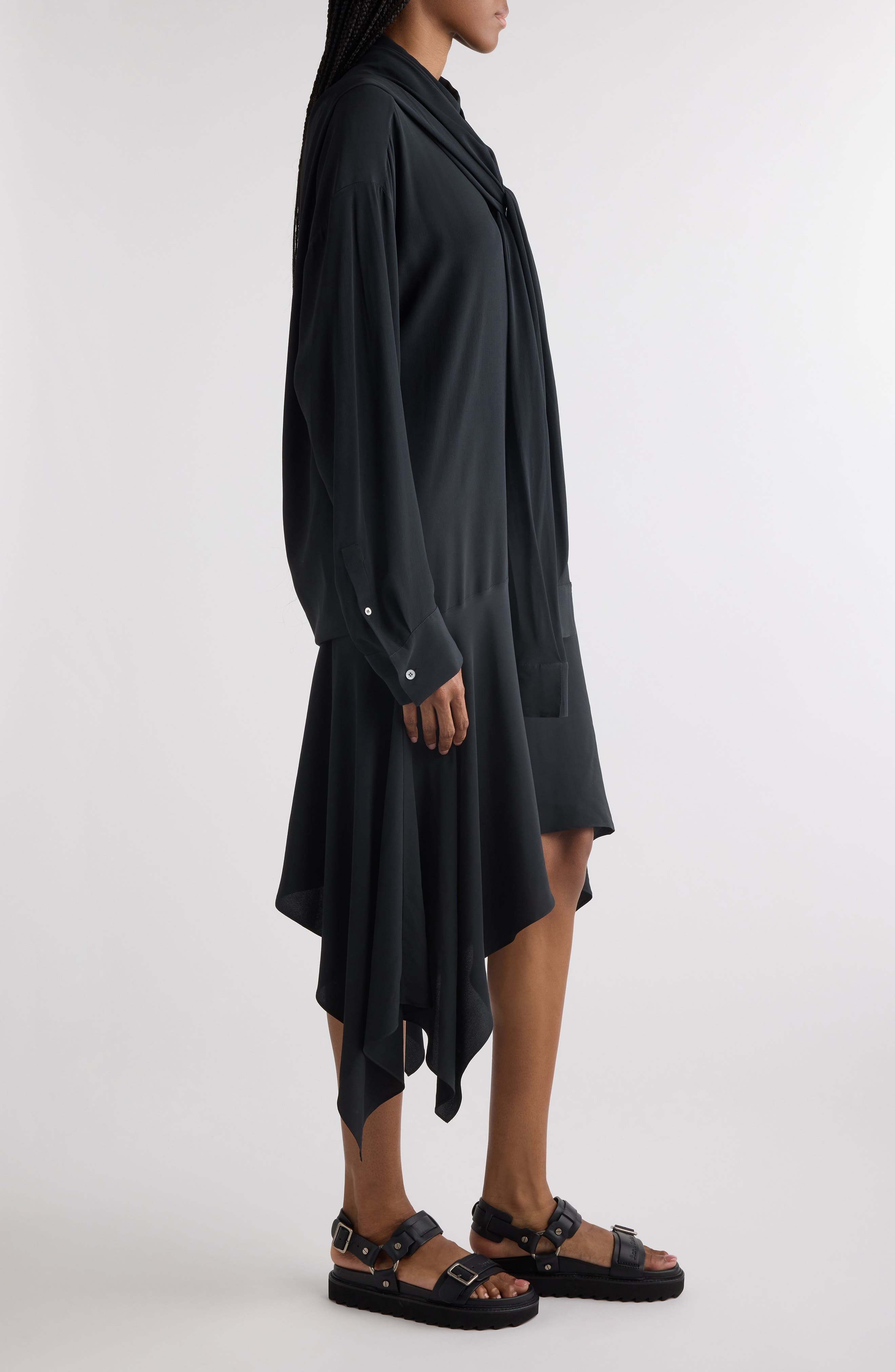 Acne Studios Delouse Long Sleeve Shirtdress with Removable Scarf in Black at Nordstrom - 3