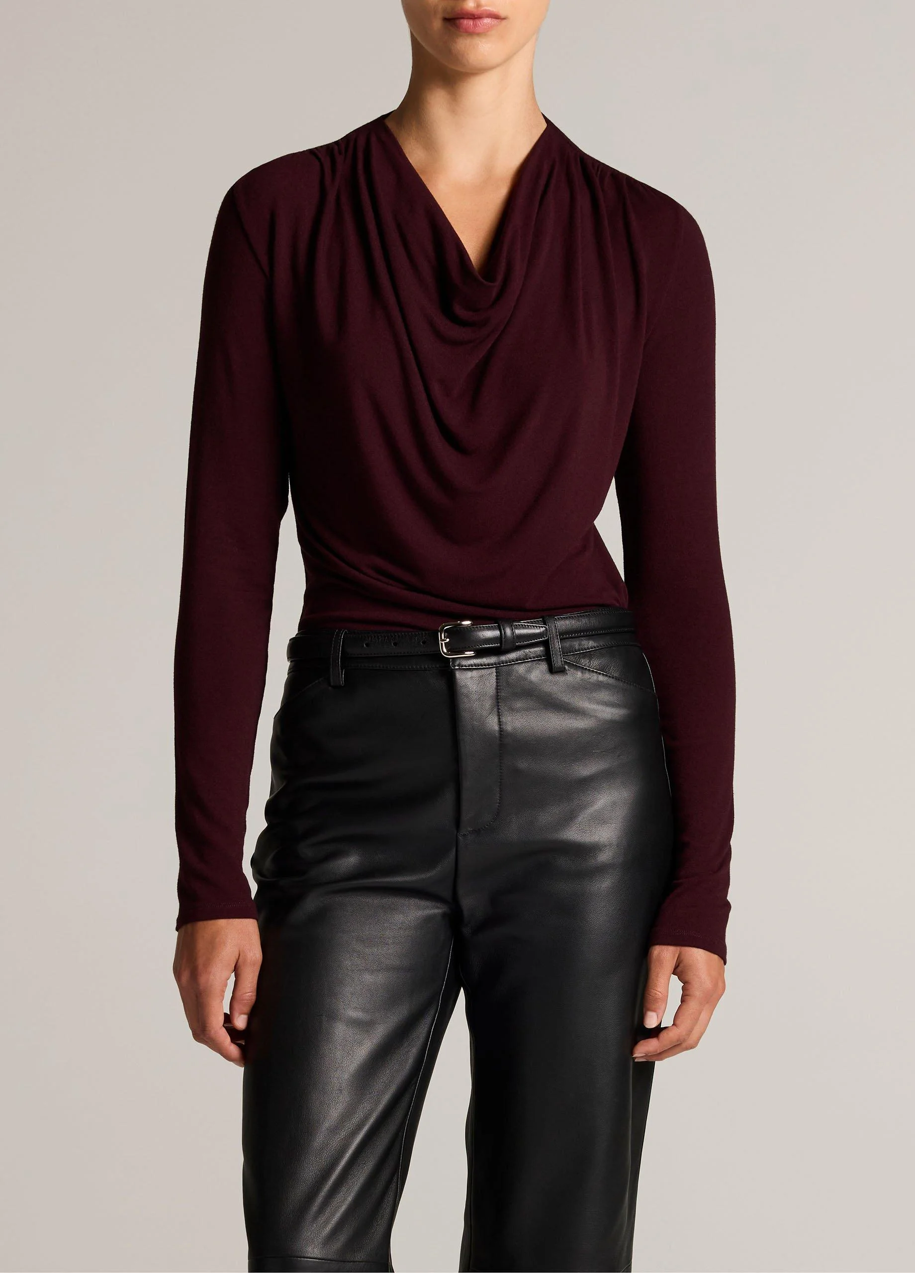 Jersey Draped Cowl-Neck Long-Sleeve Top - 1