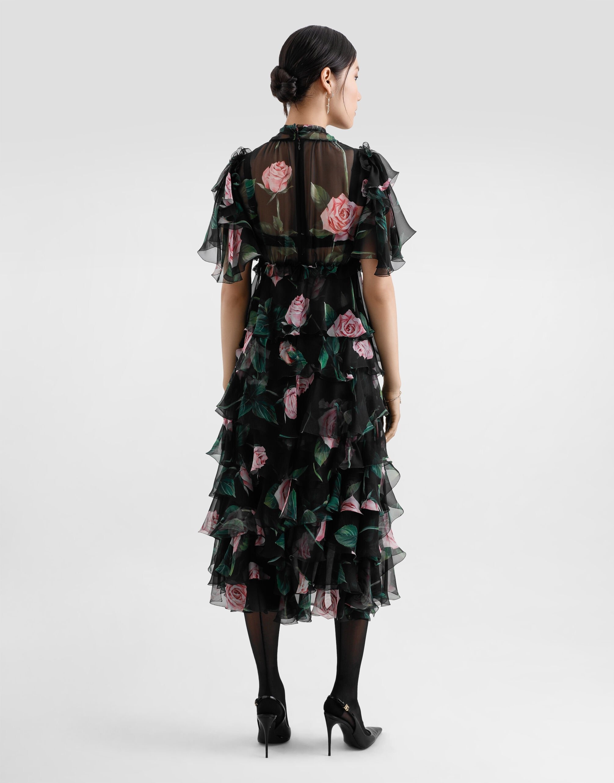 Rose-print chiffon calf-length dress with ruffles and flounces - 3