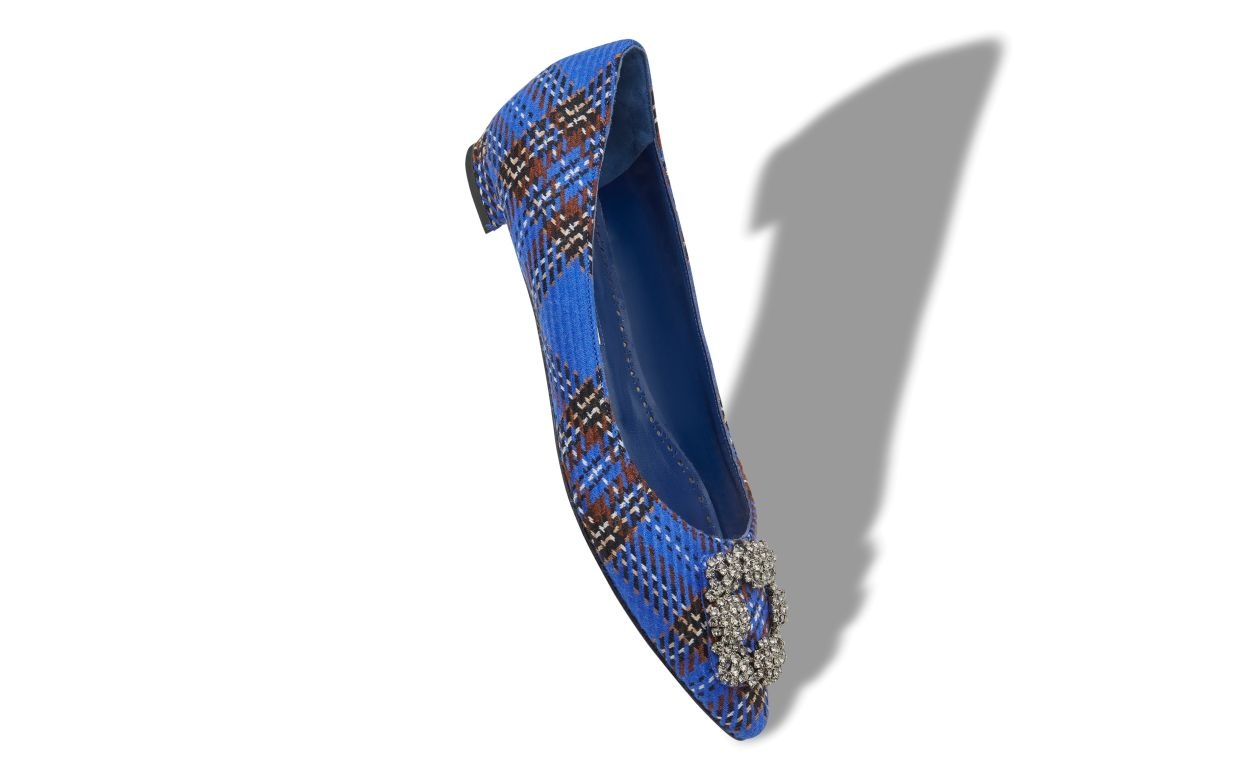 Blue Wool Tartan Jewel Buckle Flat Pumps - 2